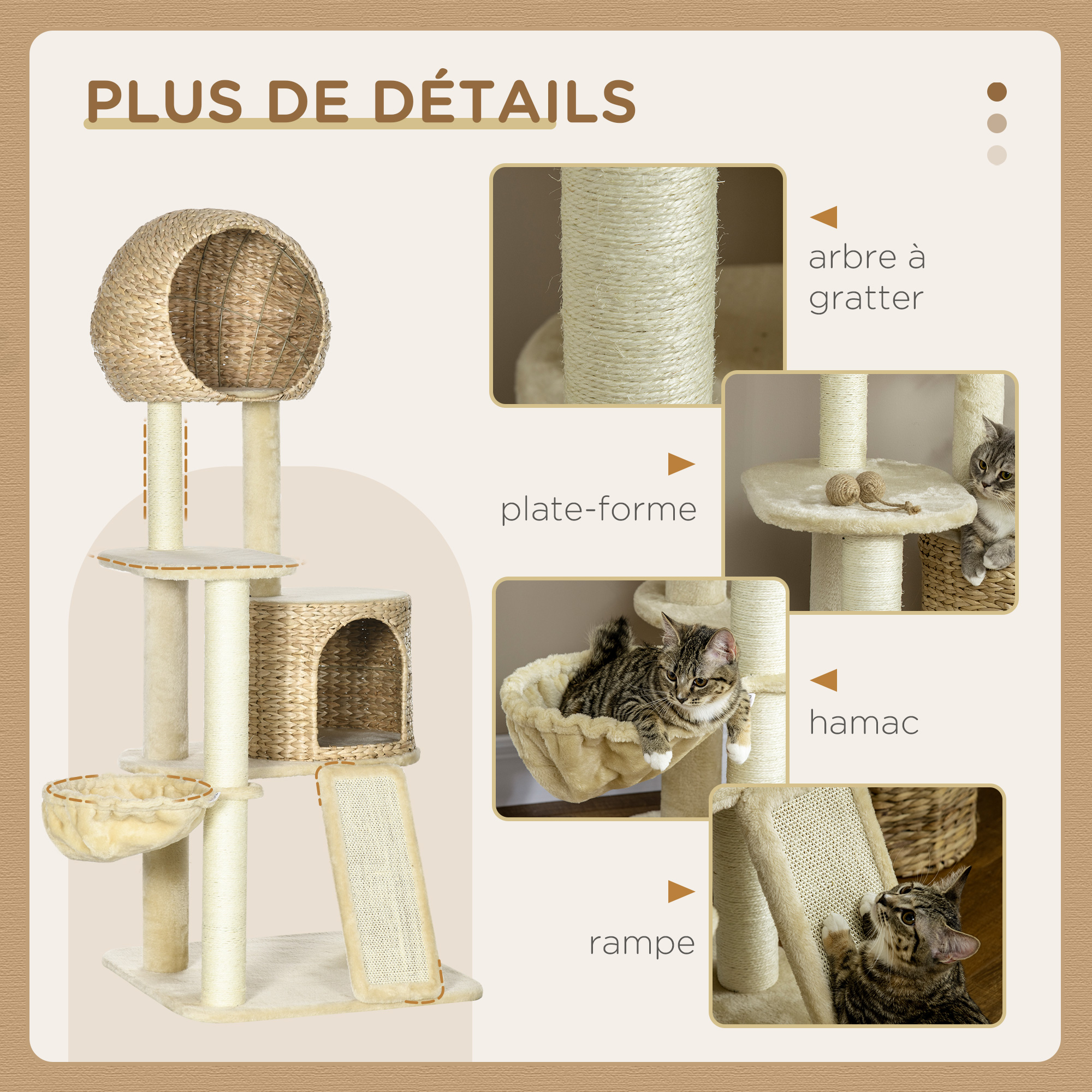 Arbre à chats griffoir sisal naturel 2 niches plateforme hamac peluche jacinthe d'eau - 60 x 60 x 150 cm beige – vue 5