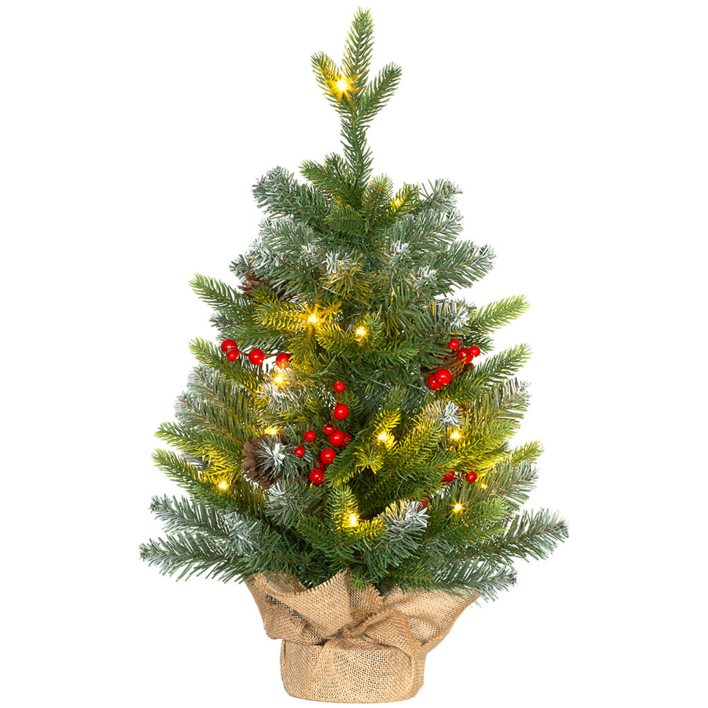Sapin de Noël de table 60 cm lumineux – 20 LED, pommes de pin et baies – HOMCOM