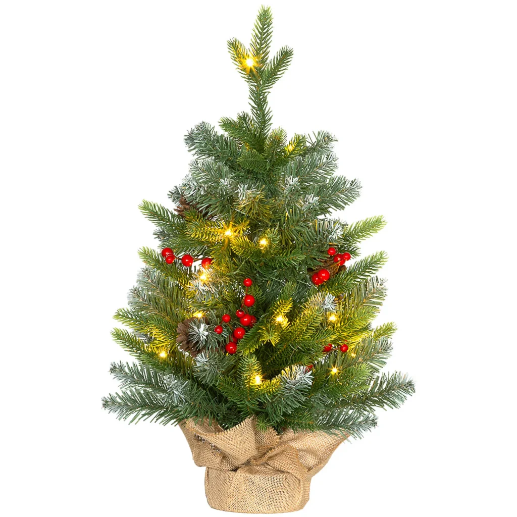 Sapin de Noël de table 60 cm lumineux – 20 LED, pommes de pin et baies – HOMCOM