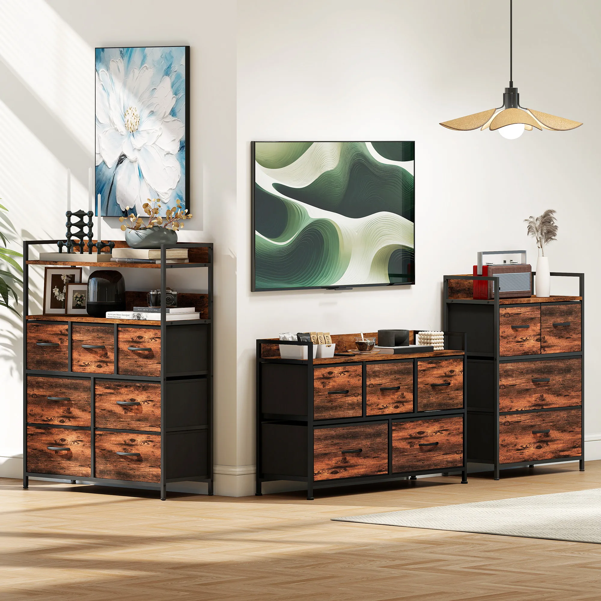 Commode 5 Tiroirs en Tissu avec Structure Acier – Brun Rustique & Noir – Bild 8