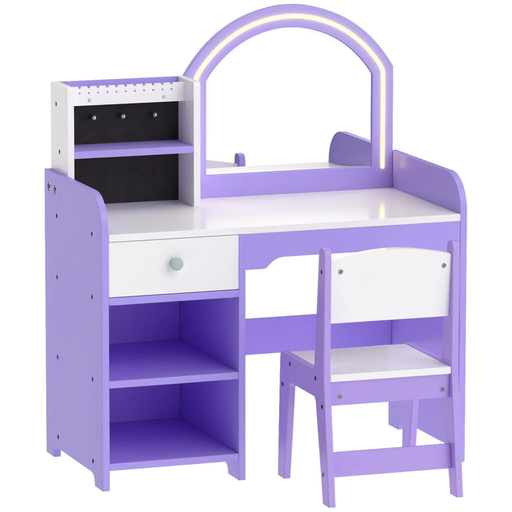 Coiffeuse Enfant avec Miroir, Éclairage LED, Rangements & Tabouret – Violet & Blanc