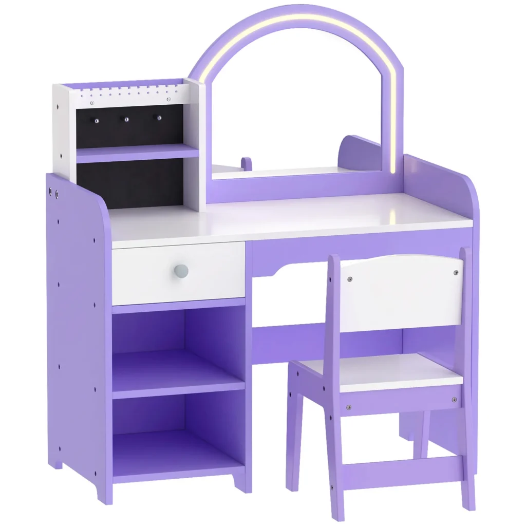 Coiffeuse Enfant avec Miroir, Éclairage LED, Rangements & Tabouret – Violet & Blanc