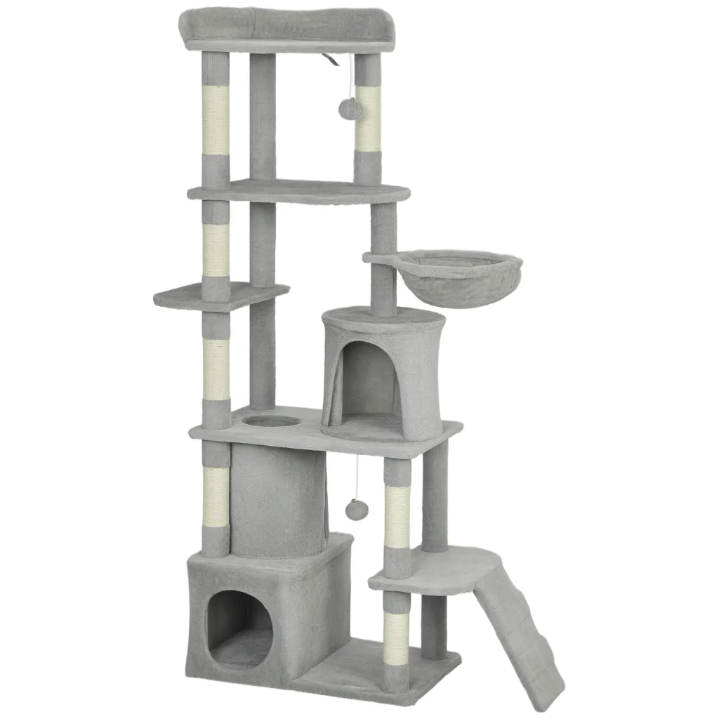 Arbre à chat tour de jeux 7 poteaux à griffer 3 platesformes 2 niches tunnel hamac et 2 pompons 170 cm gris foncé