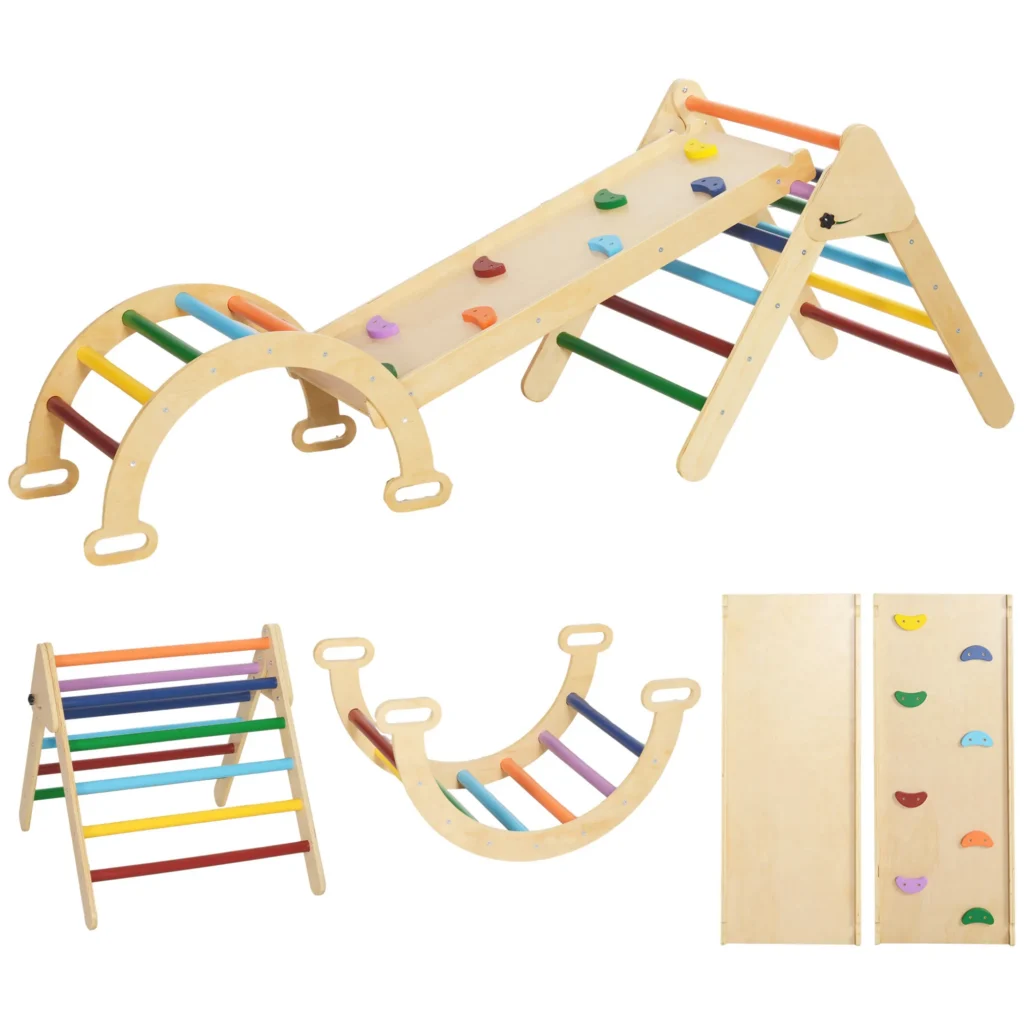 Triangle d’Escalade Enfant 5-en-1 avec Rampe, Toboggan & Bascule – Multicolore
