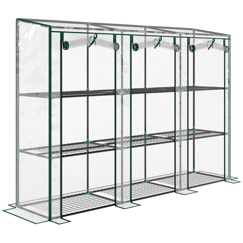 Serre de jardin avec étagères à 3 niveaux serre de balcon 3 portes enroulables zippées 215 x 46 x 151 cm transparent