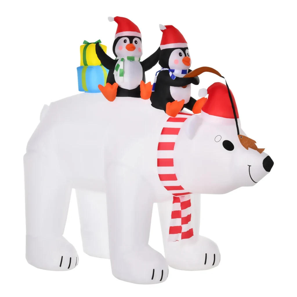 Ours polaire gonflable de Noël 206 cm avec 2 pingouins et LED – HOMCOM