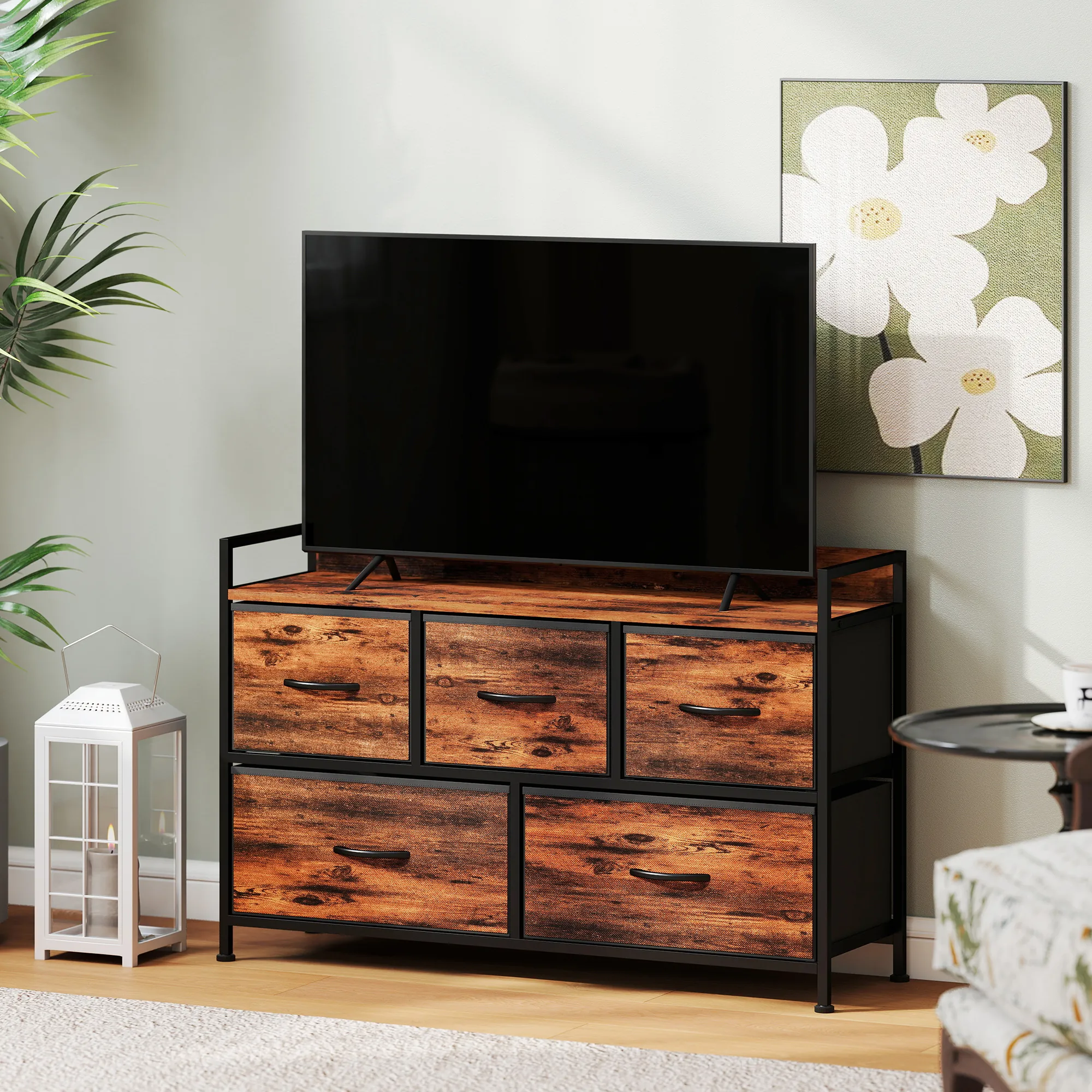 Commode 5 Tiroirs en Tissu avec Structure Acier – Brun Rustique & Noir – Bild 10
