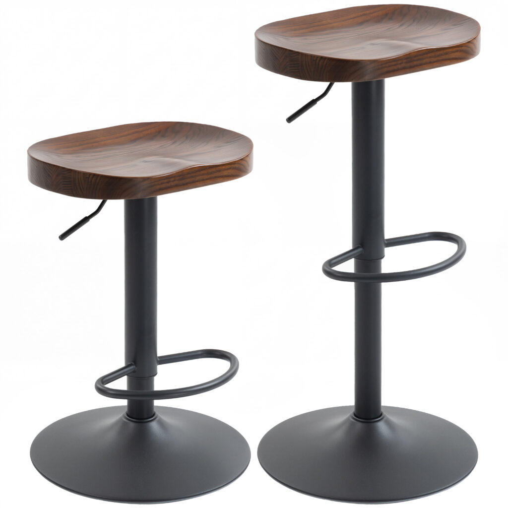 Lot de 2 Tabourets de Bar Pivotants & Réglables 61–82 cm – Bois d’Orme & Métal – Marron Foncé
