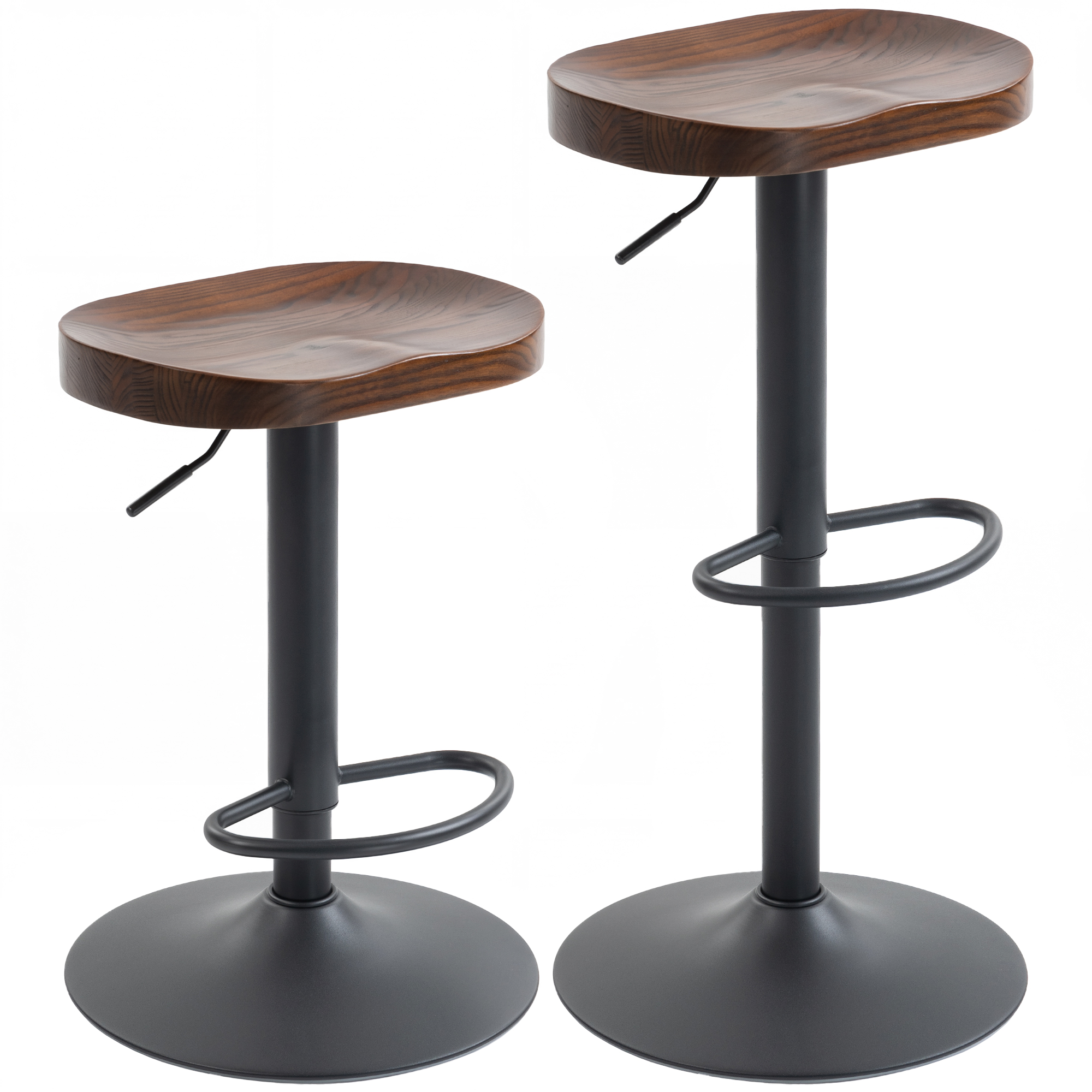 Lot de 2 Tabourets de Bar Pivotants & Réglables 61–82 cm – Bois d’Orme & Métal – Marron Foncé