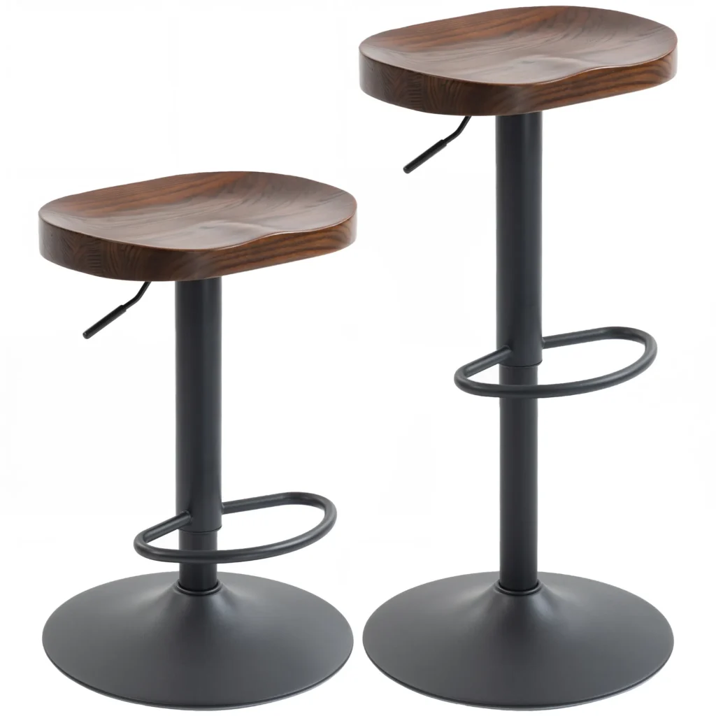 Lot de 2 Tabourets de Bar Pivotants & Réglables 61–82 cm – Bois d’Orme & Métal – Marron Foncé