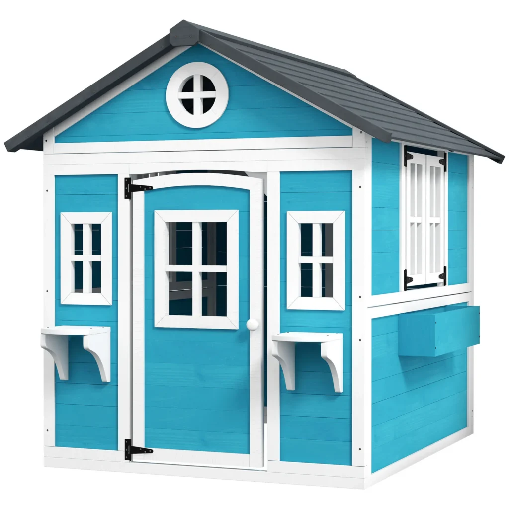 Cabane Enfant Extérieure en Bois avec Porte, Fenêtres & Jardinières – Bleu