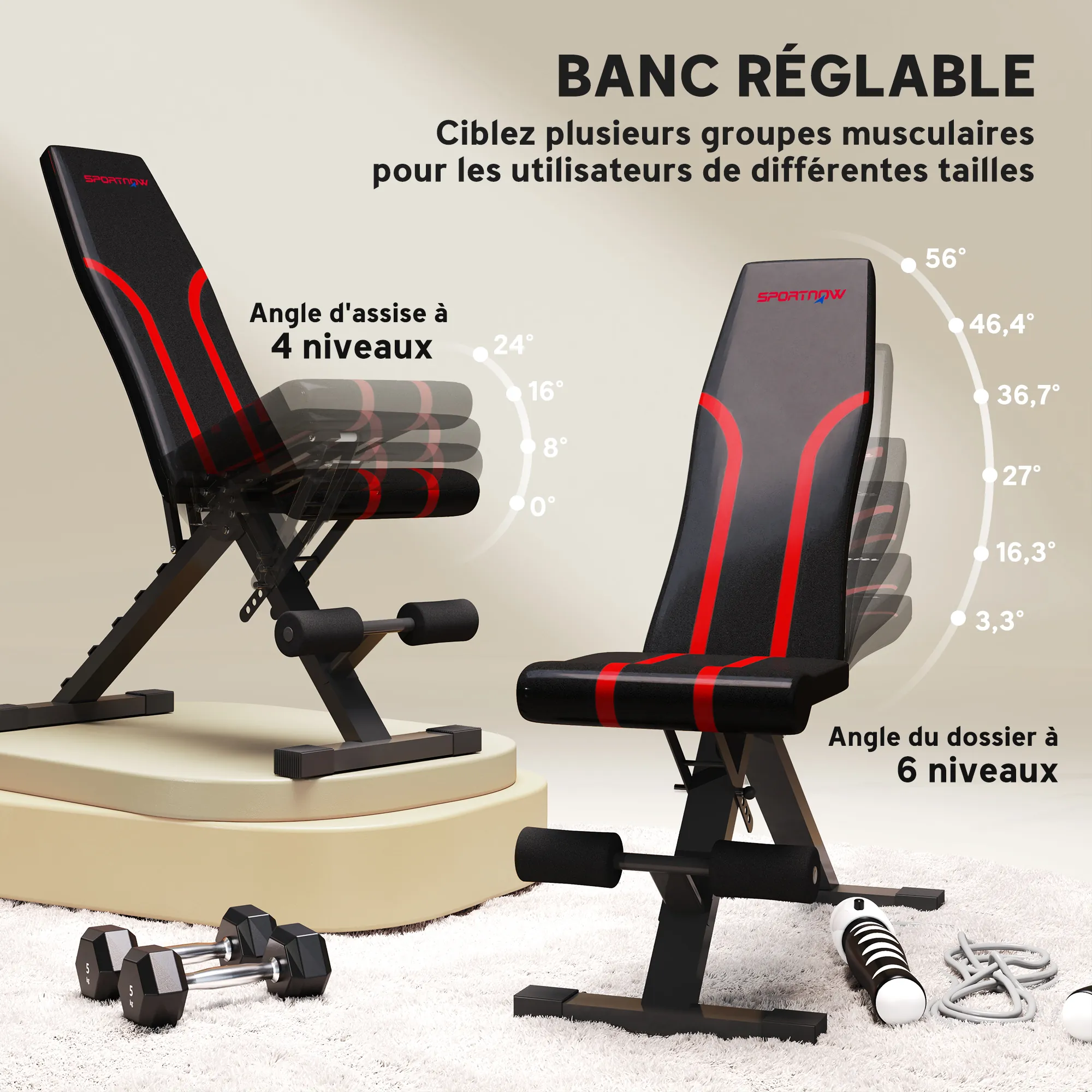 Banc de Musculation Pliable & Réglable 6 Positions – Charge 250 kg – Noir – Bild 4