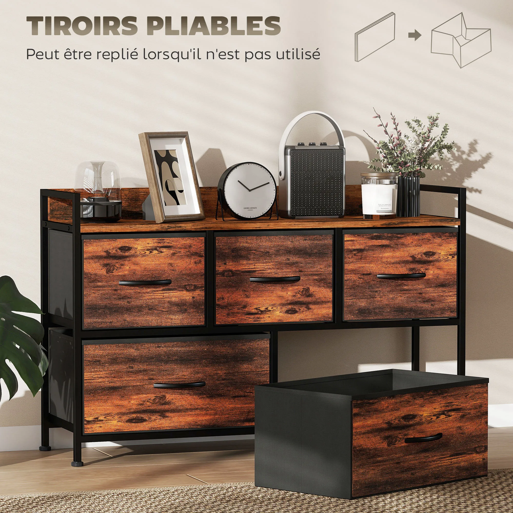 Commode 5 Tiroirs en Tissu avec Structure Acier – Brun Rustique & Noir – Bild 6