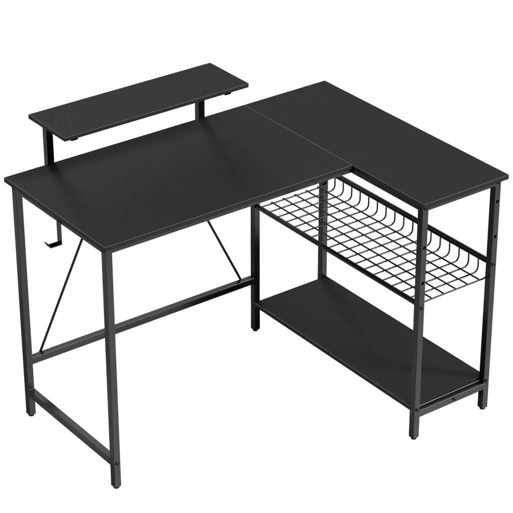 Bureau Gaming d’Angle Réversible avec Support Écran et Étagère – Noir