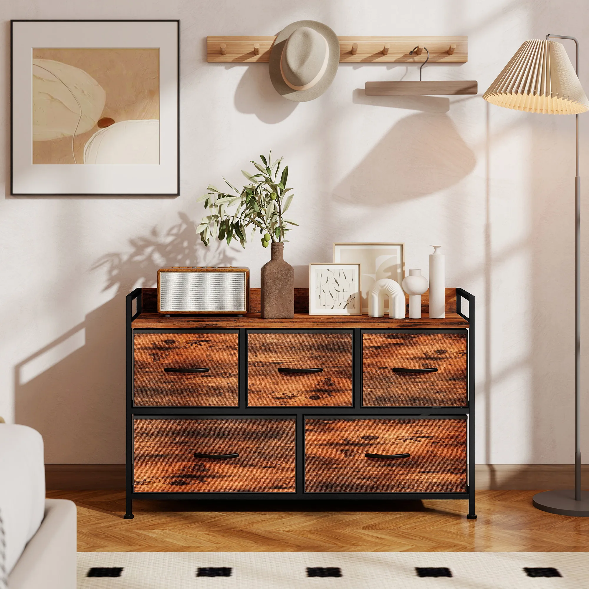 Commode 5 Tiroirs en Tissu avec Structure Acier – Brun Rustique & Noir – Bild 9