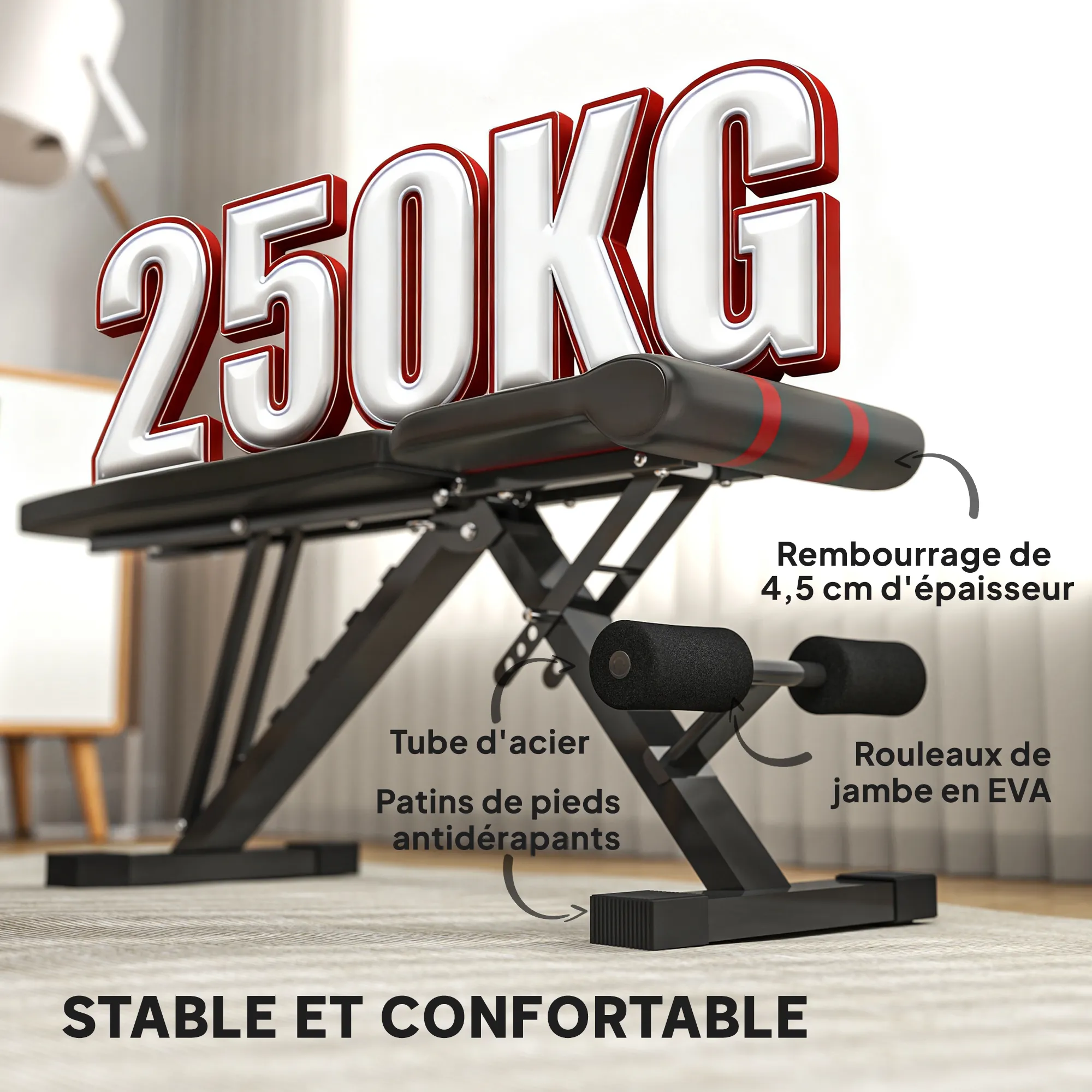 Banc de Musculation Pliable & Réglable 6 Positions – Charge 250 kg – Noir – Bild 6