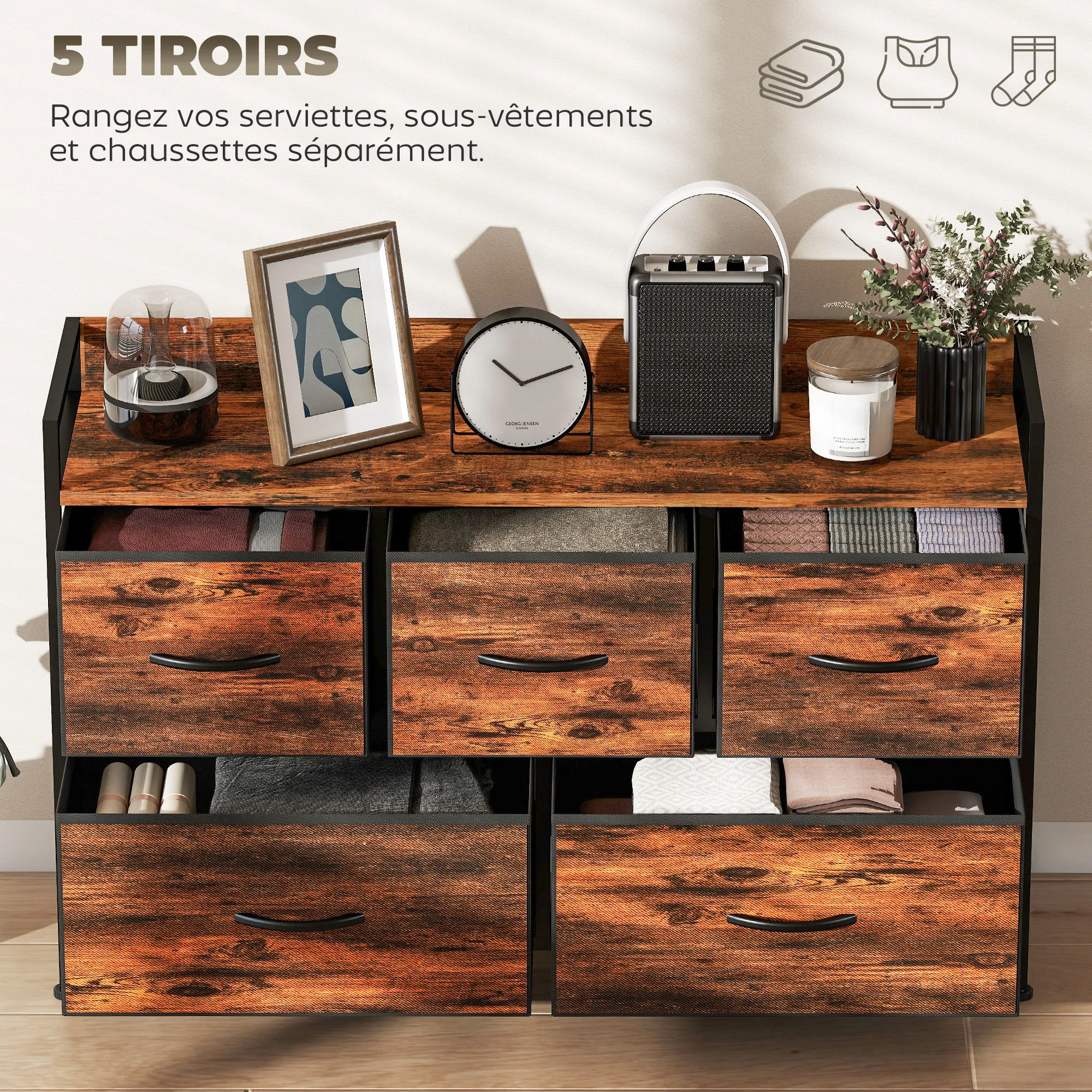 Commode 5 Tiroirs en Tissu avec Structure Acier – Brun Rustique & Noir – Bild 4