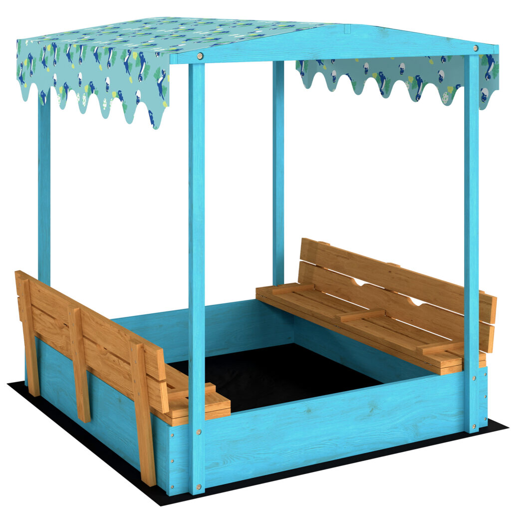Bac à Sable Enfant en Bois avec 2 Bancs, Couvercle & Auvent Dinosaures – 134,5 cm