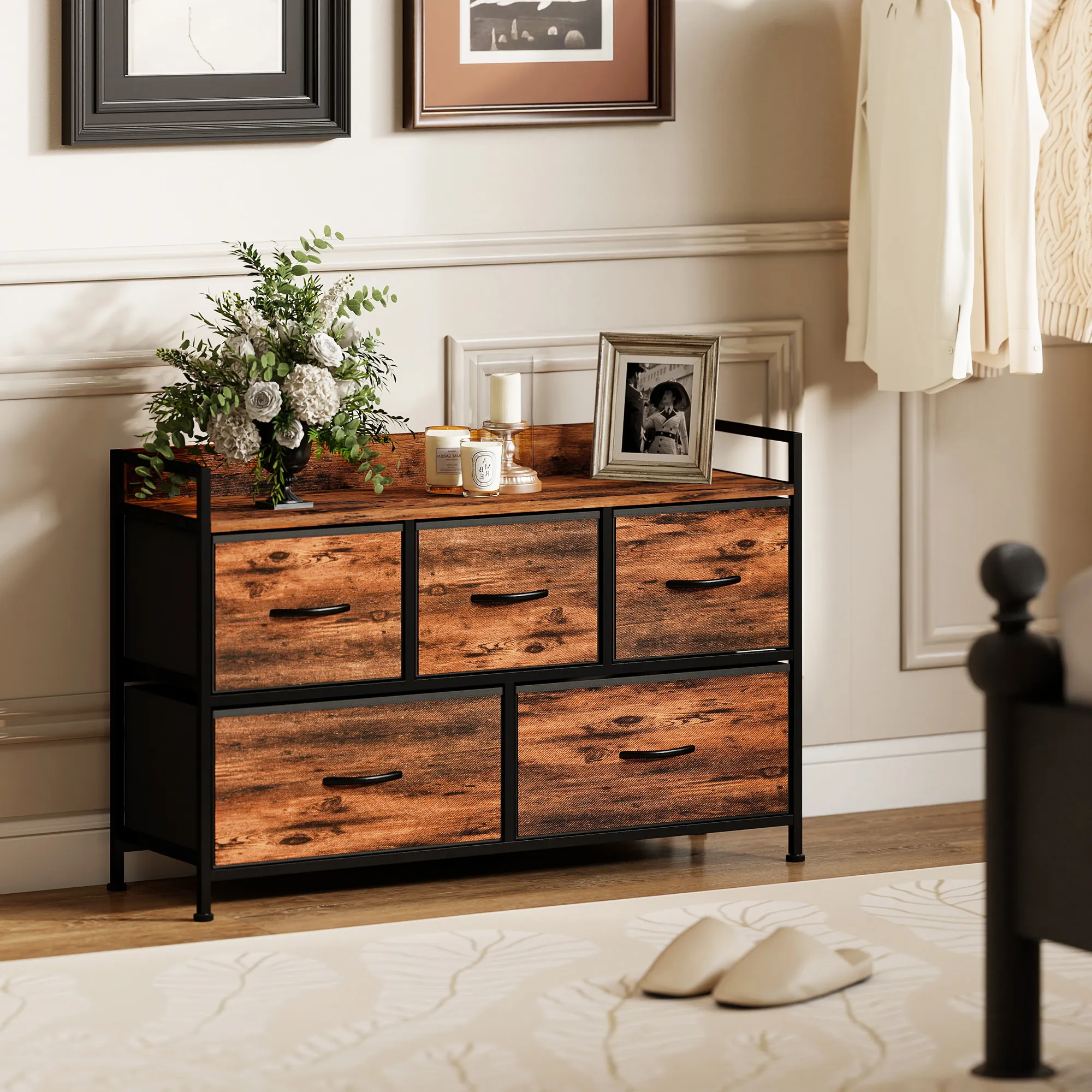 Commode 5 Tiroirs en Tissu avec Structure Acier – Brun Rustique & Noir – Bild 2