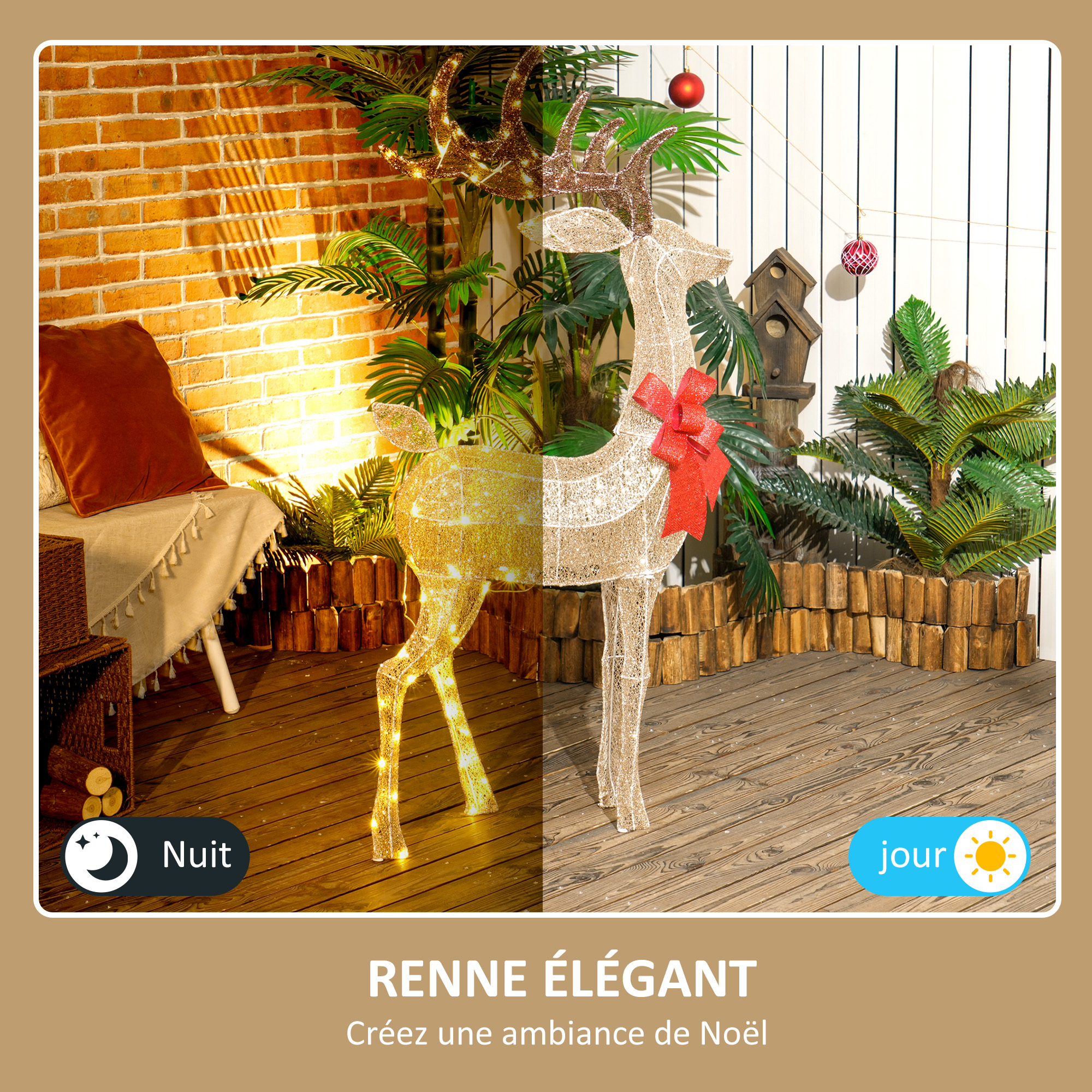 Renne lumineux de Noël 135 cm – 137 LED blanc chaud – Outsunny – vue de détail