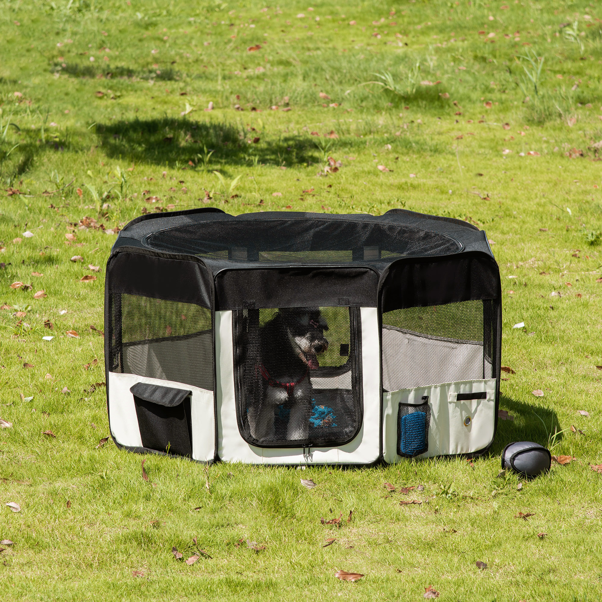 Parc enclos pliable pour chien chat petits animaux octogonal en tissu Oxford et acier - Ø 120 x 58H cm - noir et crème – vue supplémentaire