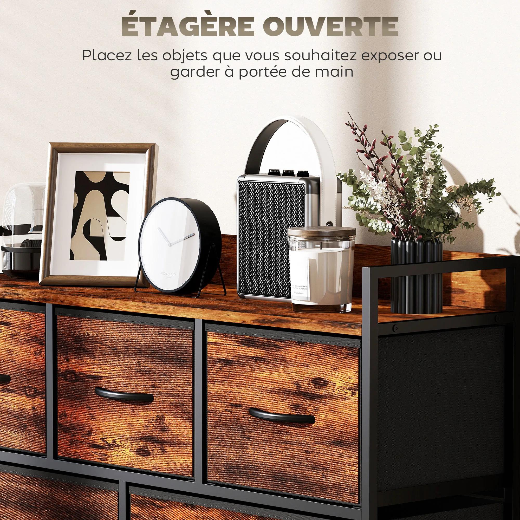Commode 5 Tiroirs en Tissu avec Structure Acier – Brun Rustique & Noir – Bild 5