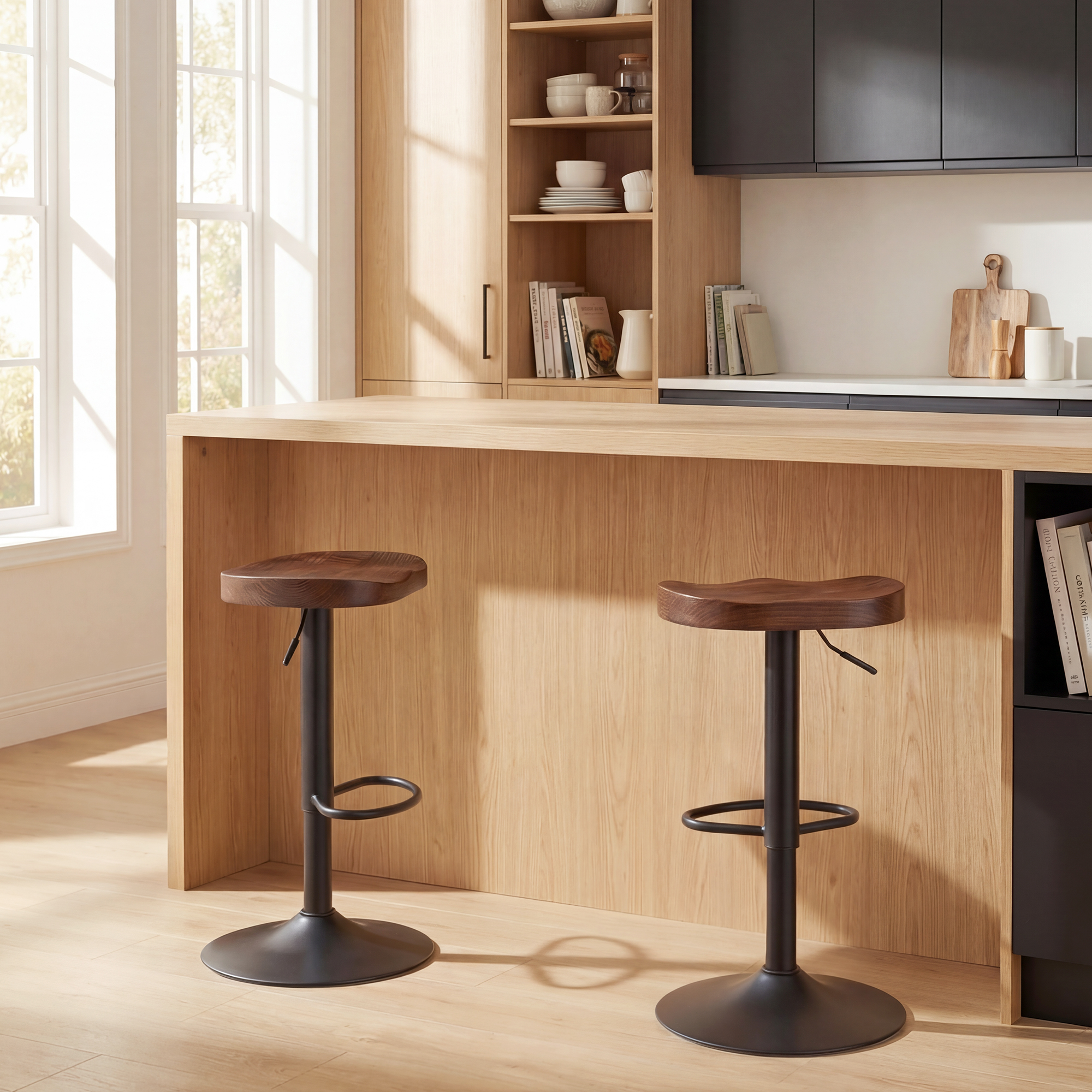 Lot de 2 Tabourets de Bar Pivotants & Réglables 61–82 cm – Bois d’Orme & Métal – Marron Foncé – vue supplémentaire
