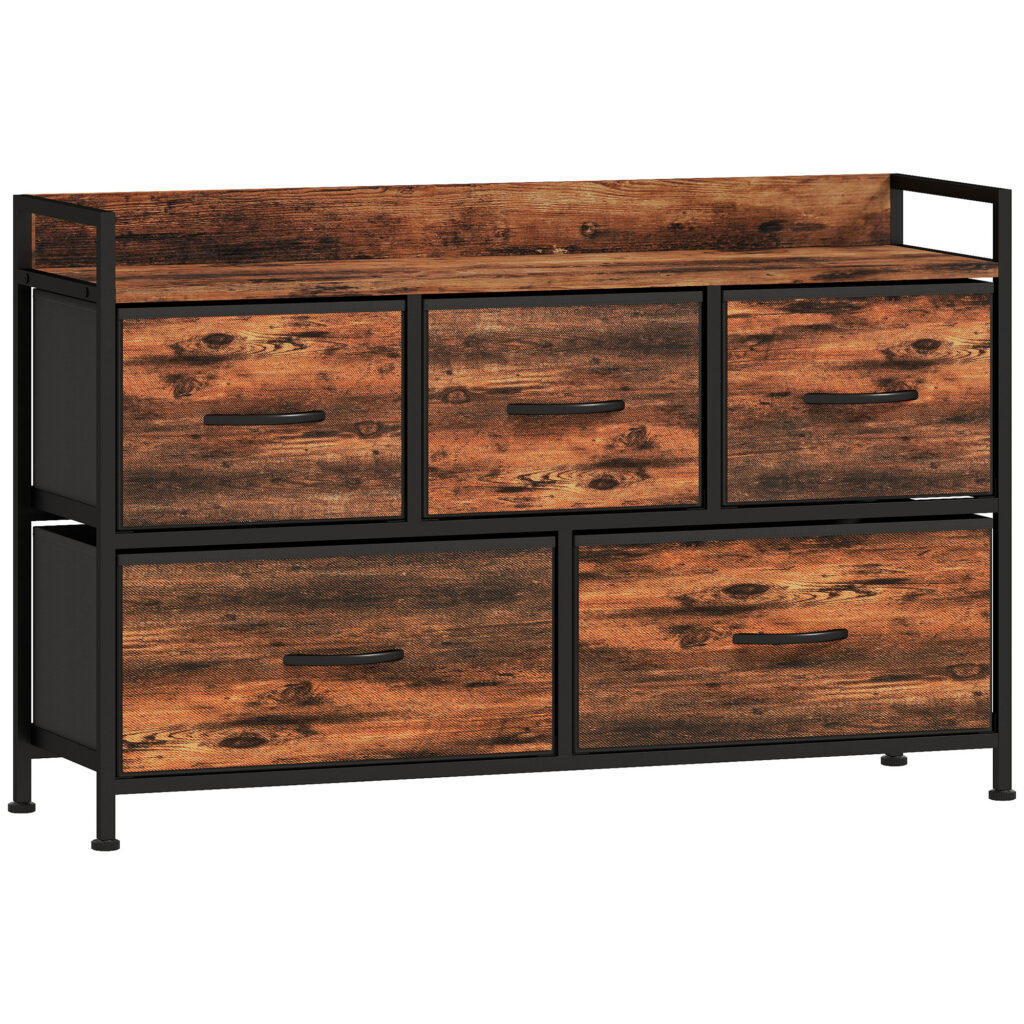 Commode 5 Tiroirs en Tissu avec Structure Acier – Brun Rustique & Noir