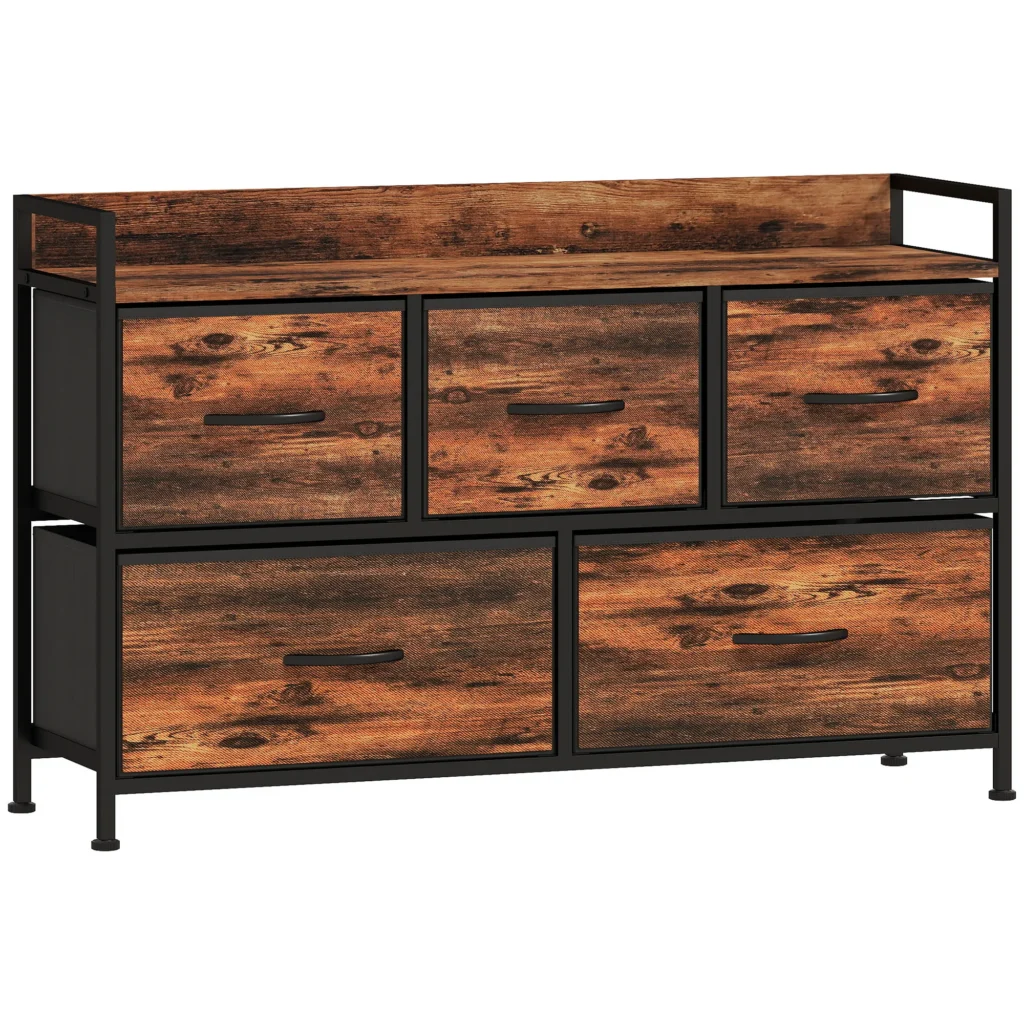 Commode 5 Tiroirs en Tissu avec Structure Acier – Brun Rustique & Noir
