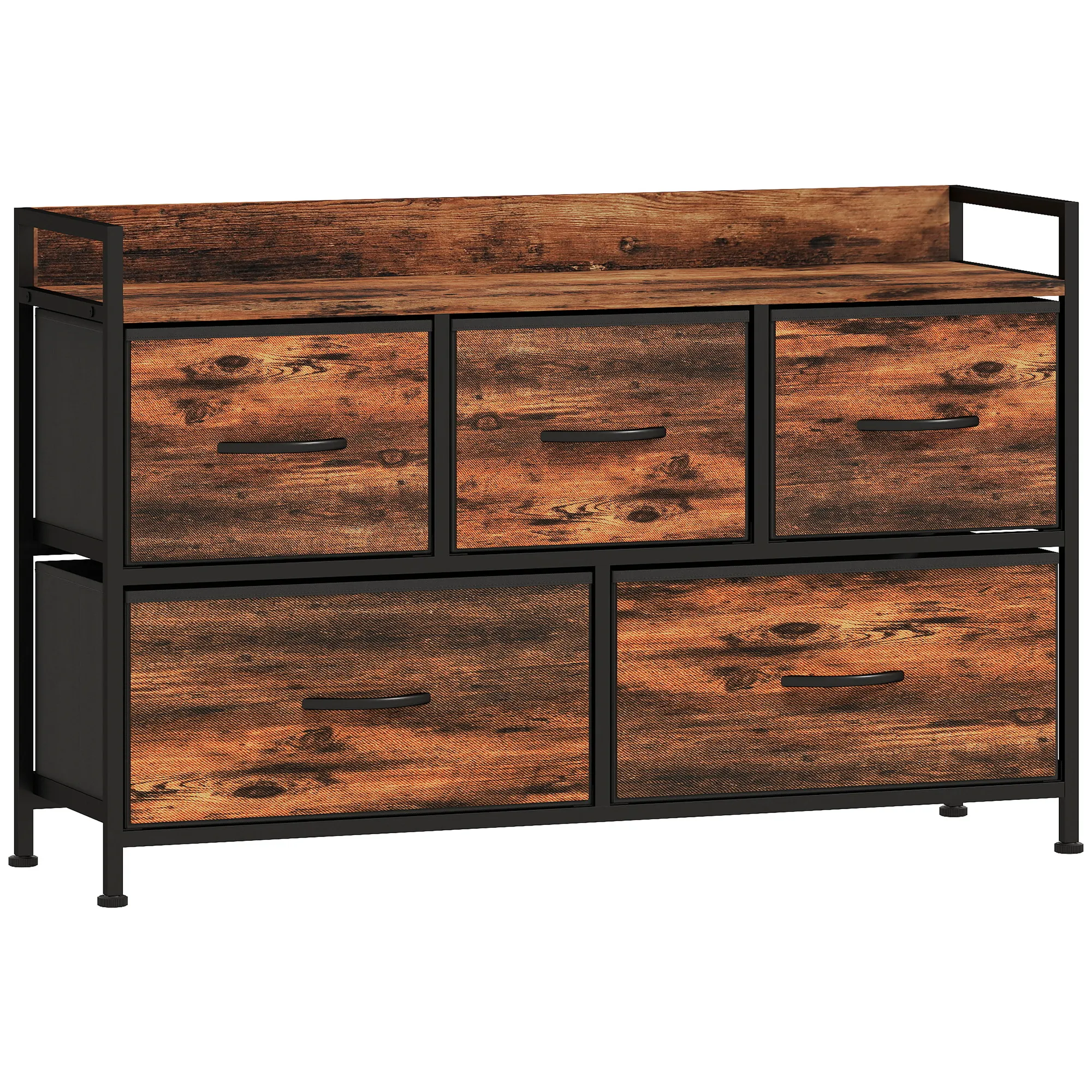 Commode 5 Tiroirs en Tissu avec Structure Acier – Brun Rustique & Noir