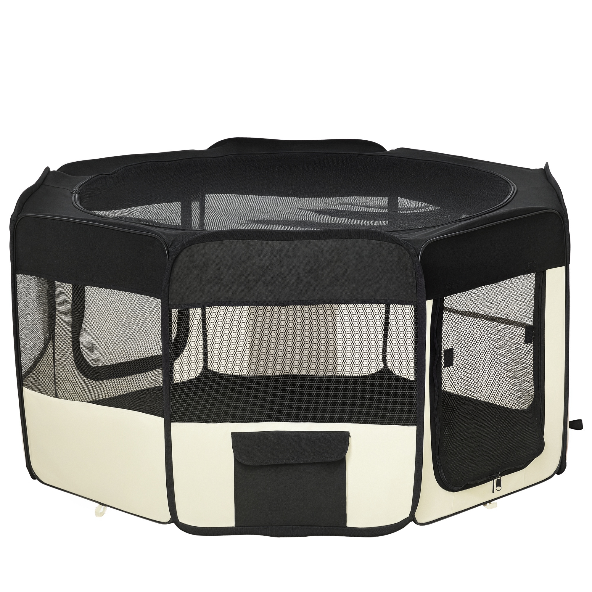 Parc enclos pliable pour chien chat petits animaux octogonal en tissu Oxford et acier - Ø 120 x 58H cm - noir et crème