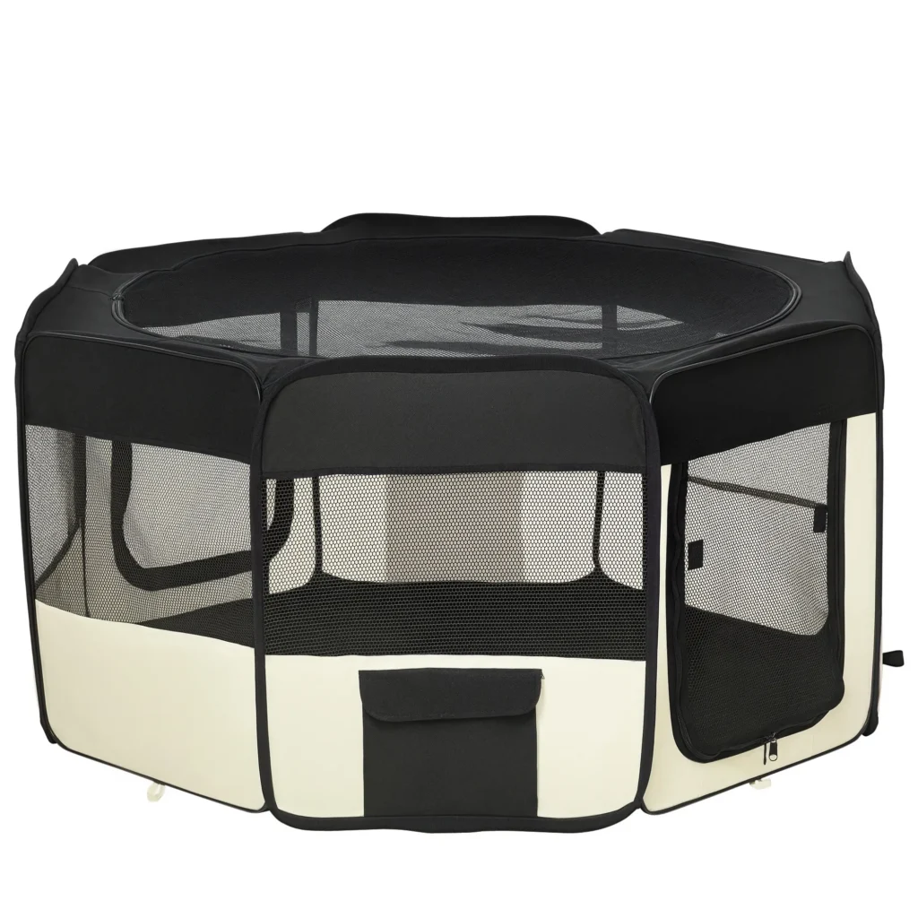 Parc enclos pliable pour chien chat petits animaux octogonal en tissu Oxford et acier - Ø 120 x 58H cm - noir et crème