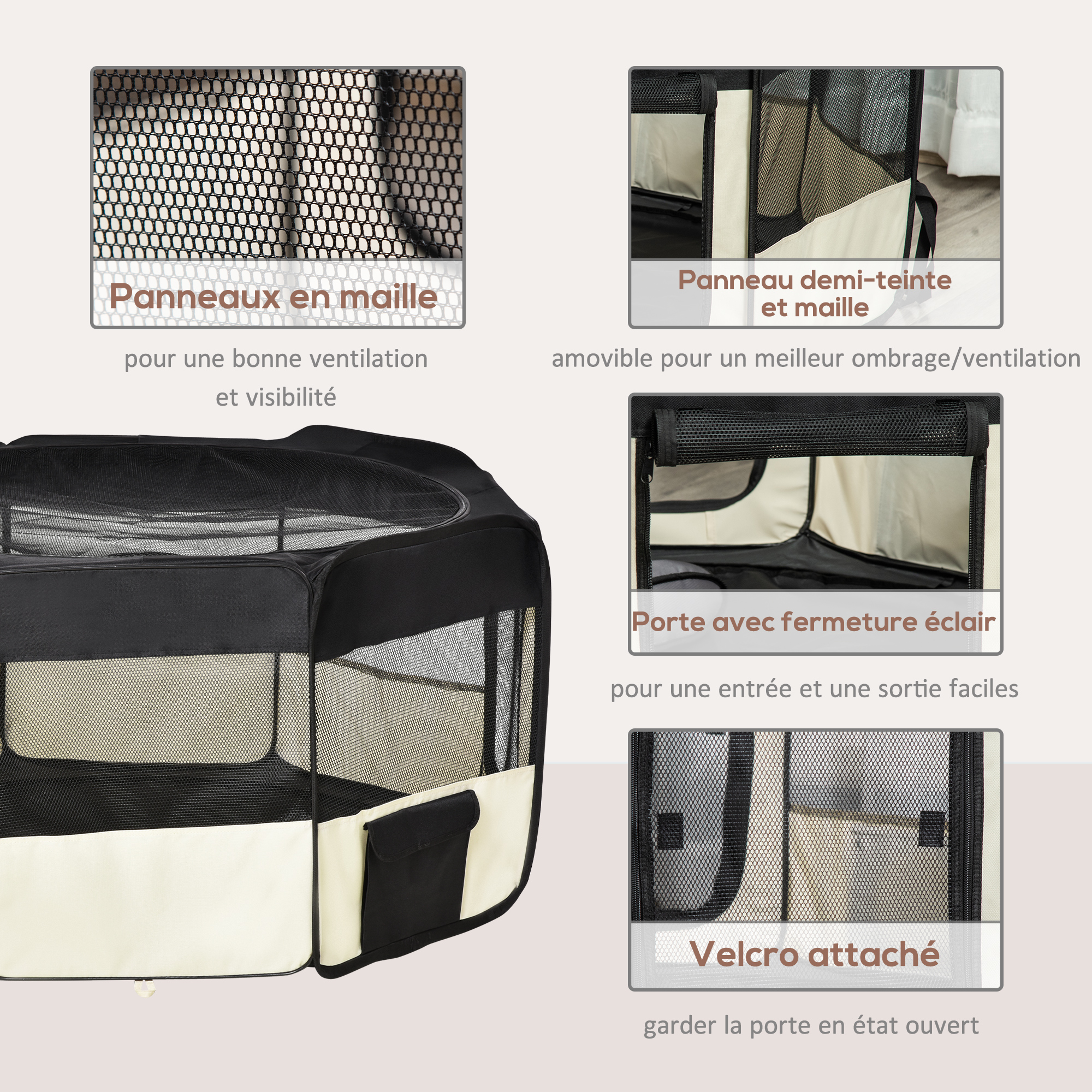 Parc enclos pliable pour chien chat petits animaux octogonal en tissu Oxford et acier - Ø 120 x 58H cm - noir et crème – vue 6