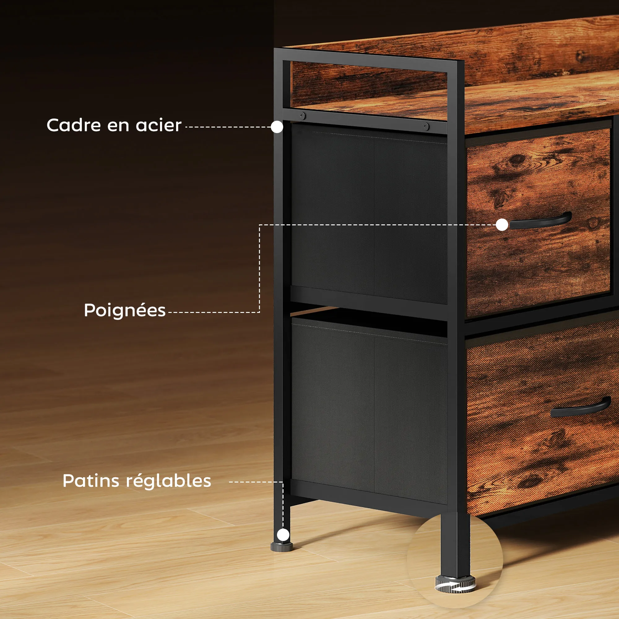 Commode 5 Tiroirs en Tissu avec Structure Acier – Brun Rustique & Noir – Bild 7