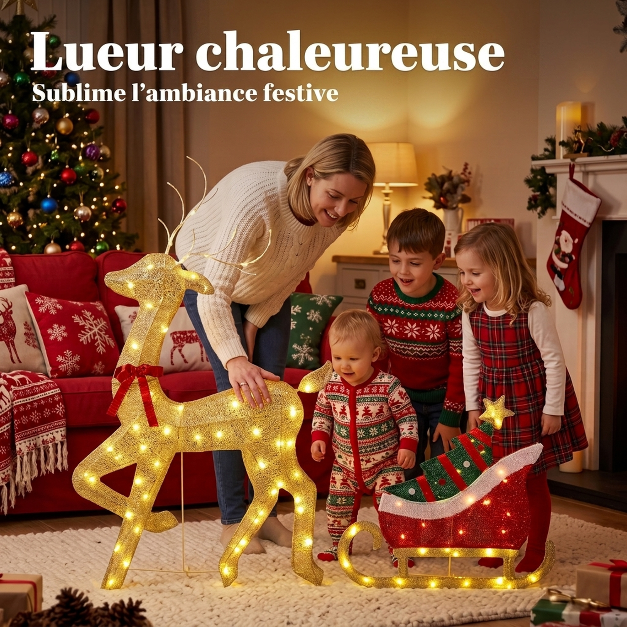 Renne et traîneau lumineux de Noël – 95 LED blanc chaud – Outsunny – vue de détail