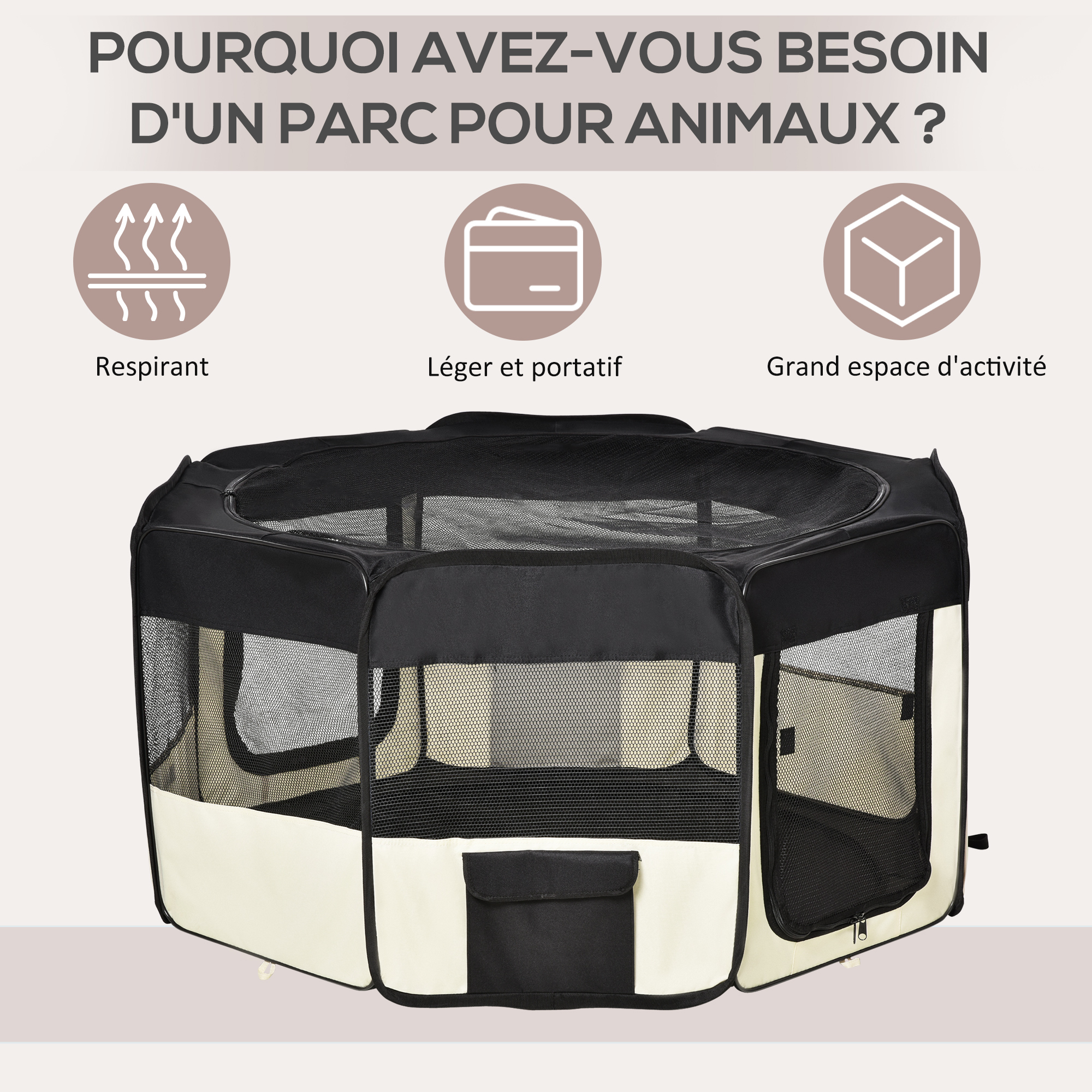 Parc enclos pliable pour chien chat petits animaux octogonal en tissu Oxford et acier - Ø 120 x 58H cm - noir et crème – vue de détail