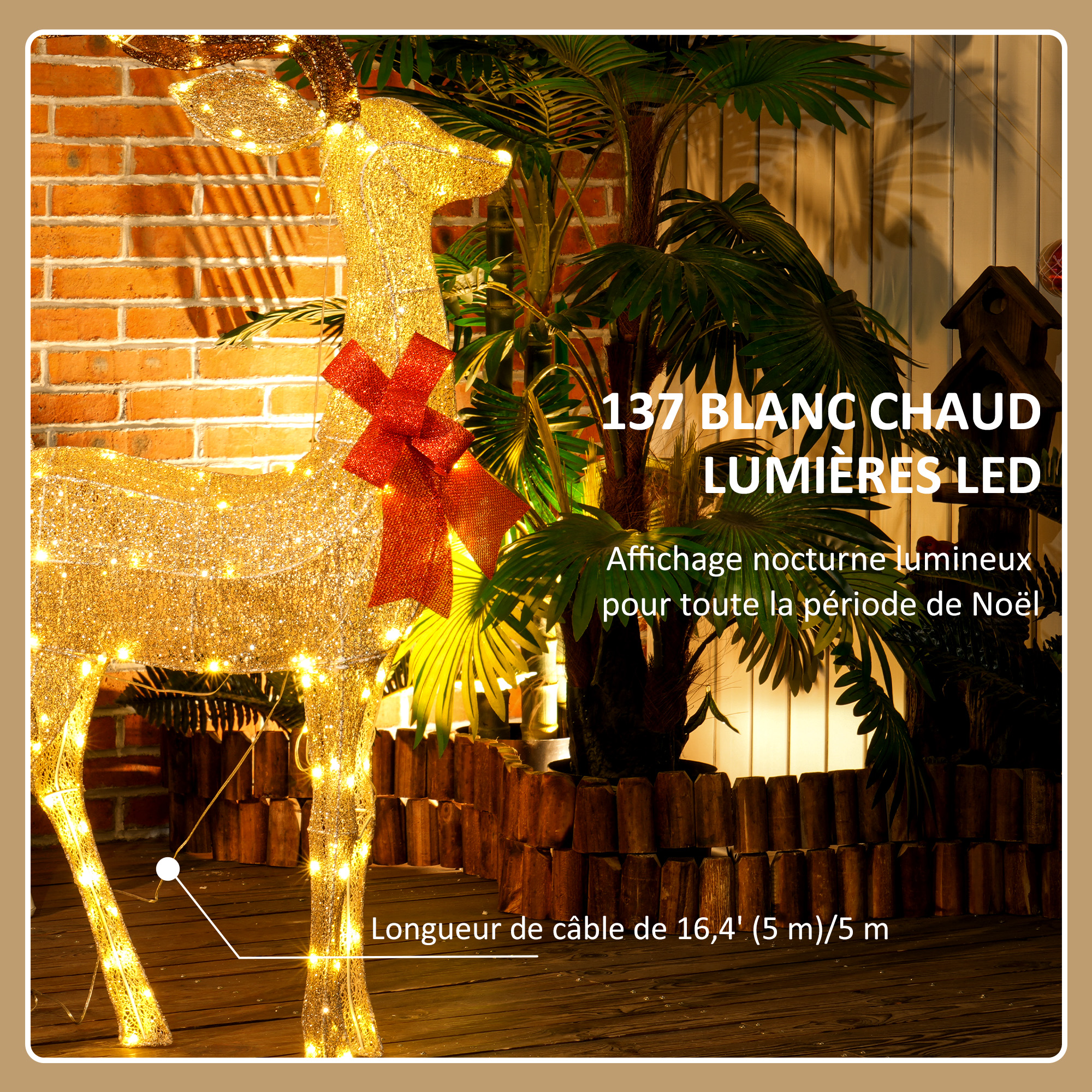 Renne lumineux de Noël 135 cm – 137 LED blanc chaud – Outsunny – vue 5