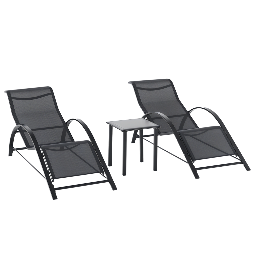 Lot de 2 bains de soleil chaise longue design contemporain table basse plateau verre trempé métal époxy textilène noir