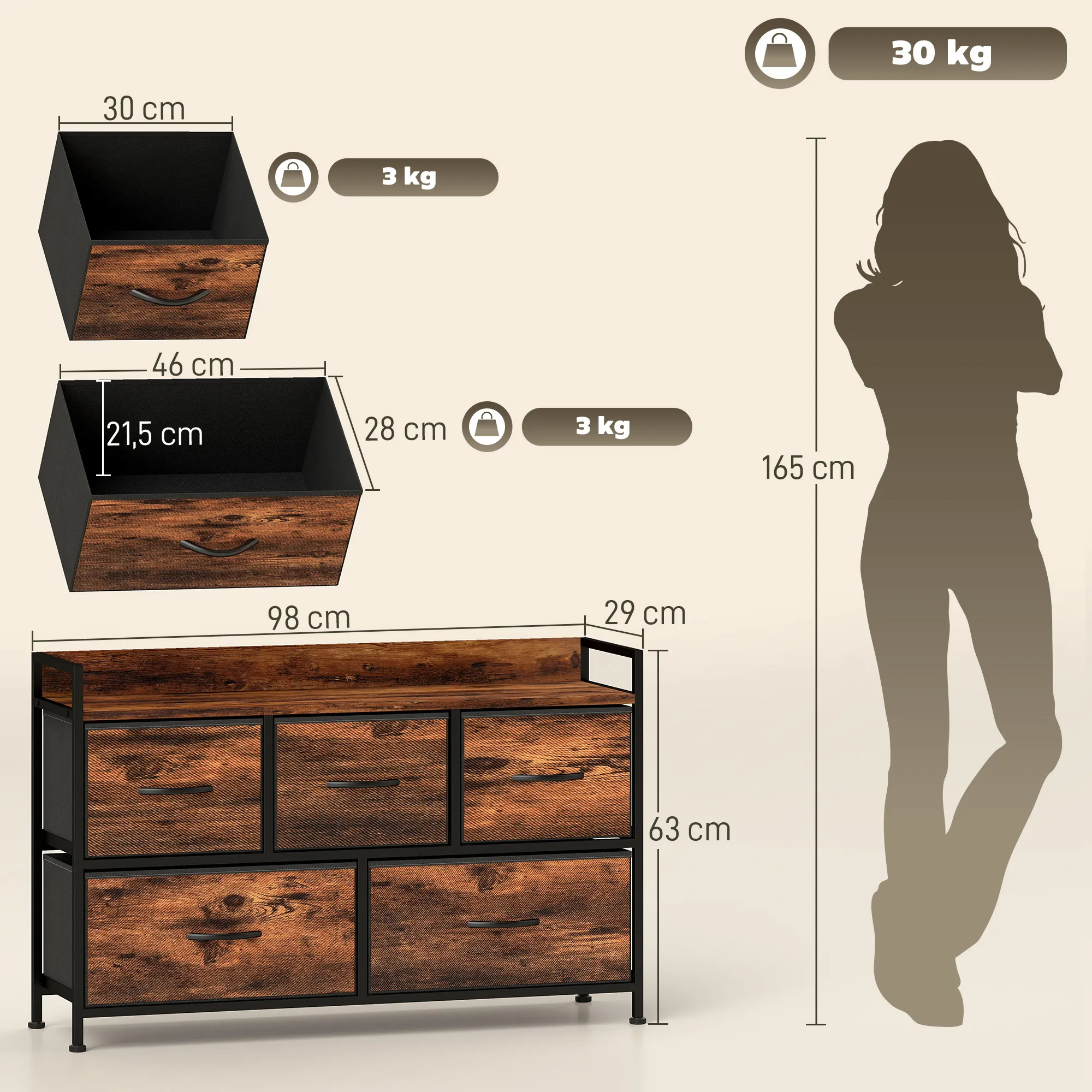 Commode 5 Tiroirs en Tissu avec Structure Acier – Brun Rustique & Noir – Bild 3
