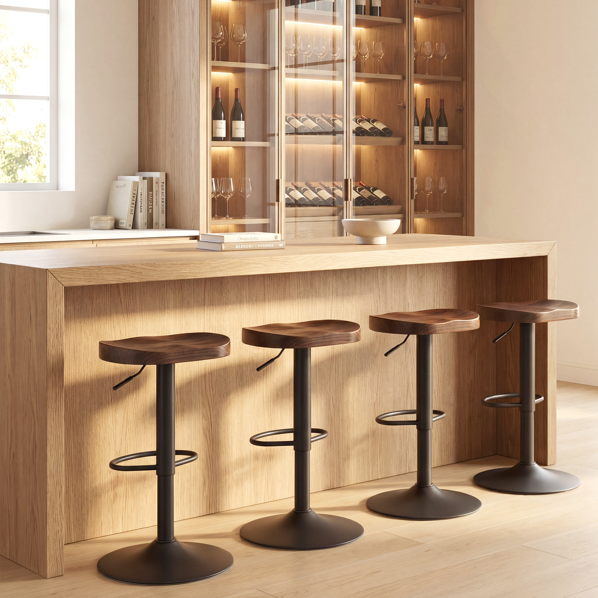 Lot de 2 Tabourets de Bar Pivotants & Réglables 61–82 cm – Bois d’Orme & Métal – Marron Foncé – vue 9