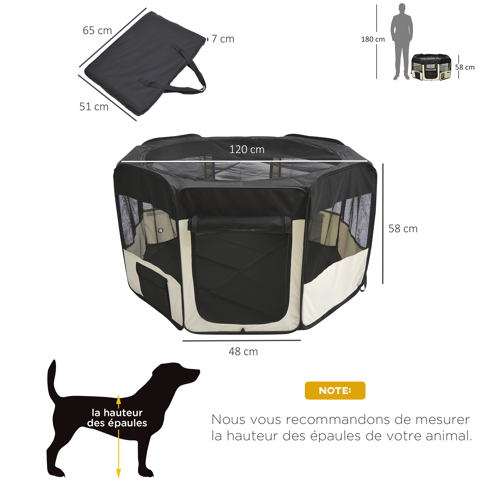 Parc enclos pliable pour chien chat petits animaux octogonal en tissu Oxford et acier - Ø 120 x 58H cm - noir et crème – autre vue