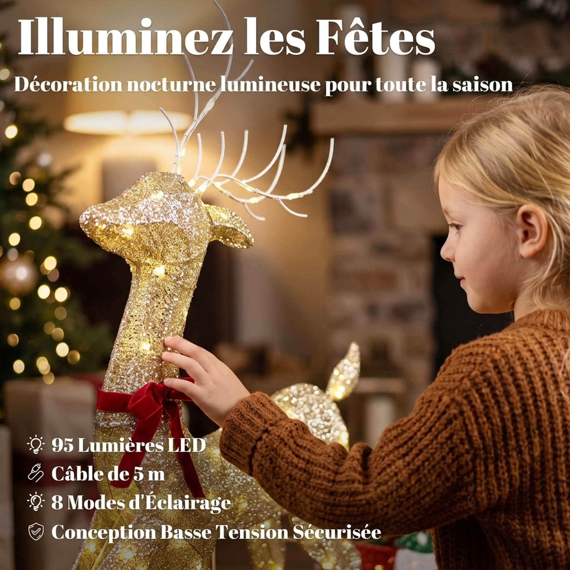 Renne et traîneau lumineux de Noël – 95 LED blanc chaud – Outsunny – vue 5
