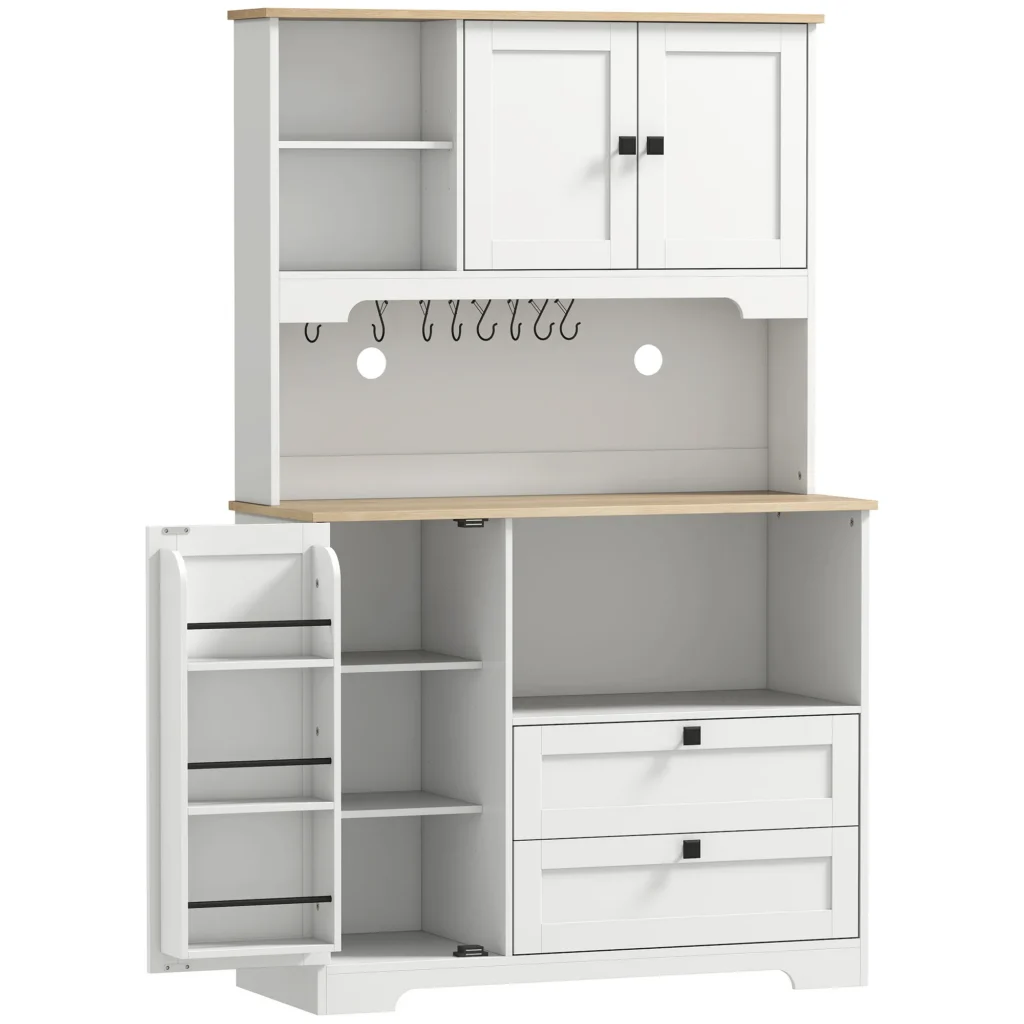 Buffet Haut Cuisine, Armoire Cuisine avec 3 Portes, 2 Tiroirs, Plan de Travail, Compartiments Ouverts, Blanc