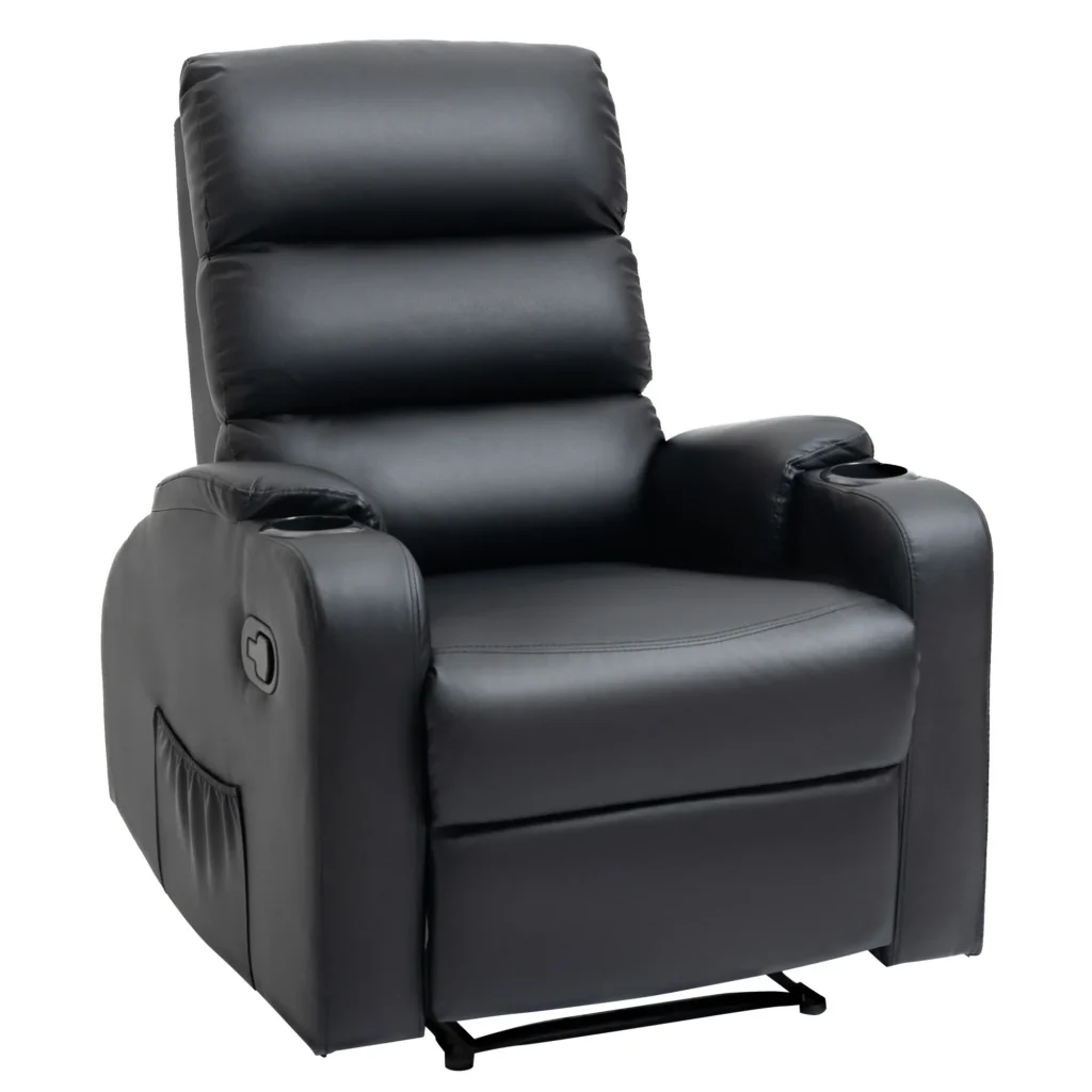 Fauteuil Relax Manuel Inclinable avec Repose-Pieds & Porte-Gobelets – Noir