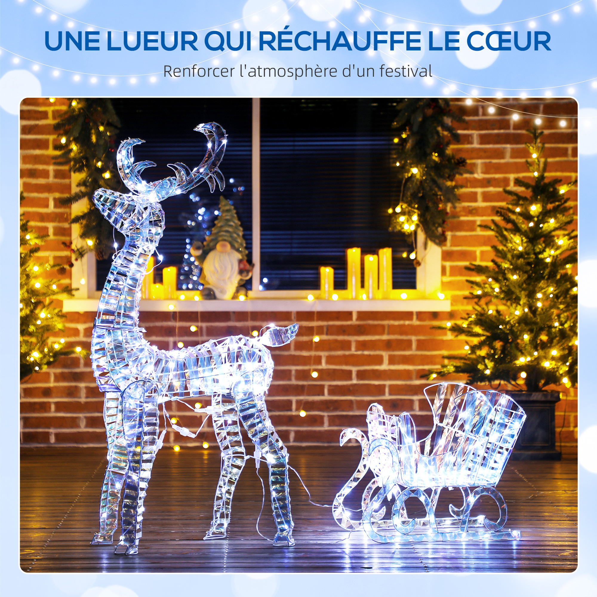 Renne et traîneau lumineux de Noël 115 cm – 170 LED blanc chaud – Outsunny – vue de détail