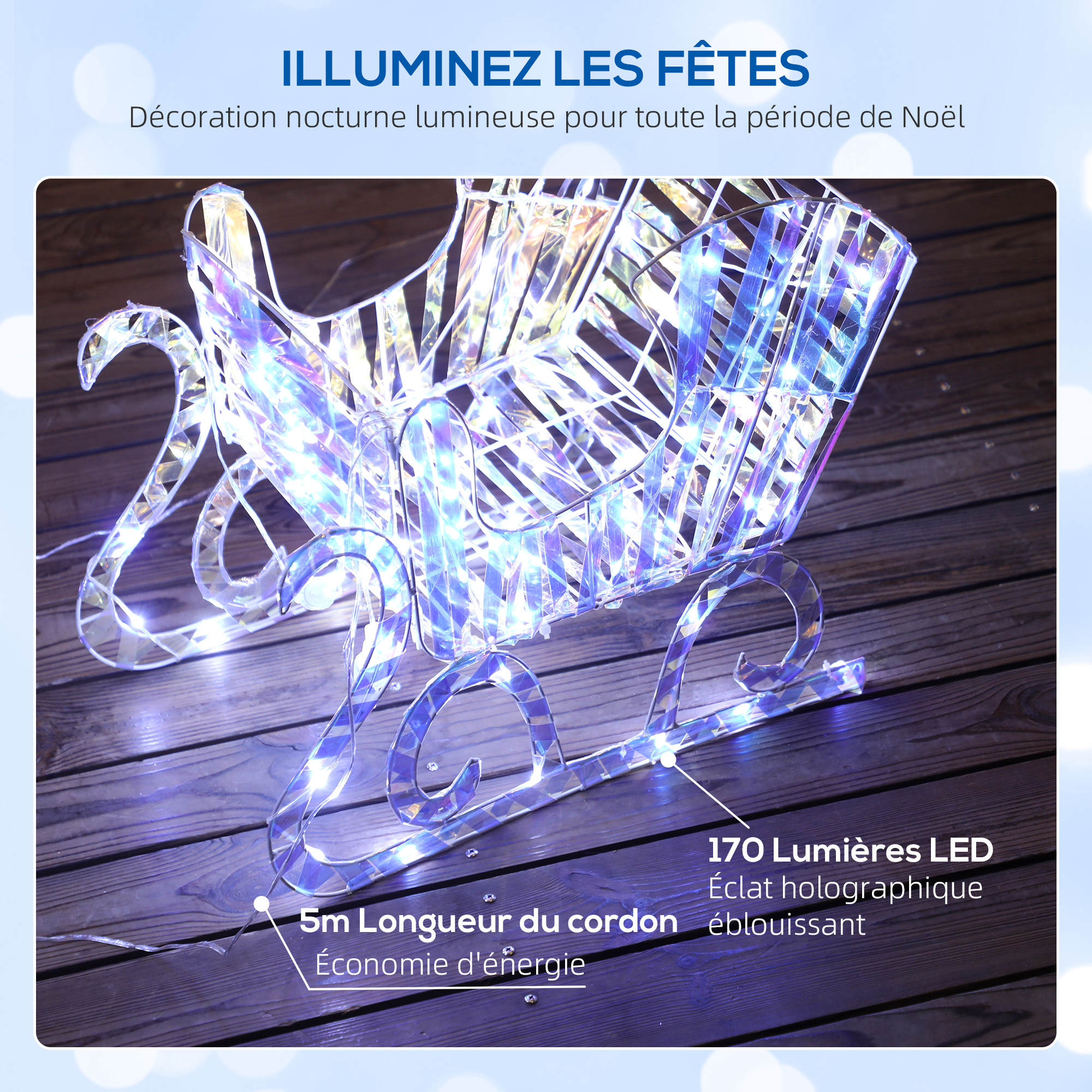 Renne et traîneau lumineux de Noël 115 cm – 170 LED blanc chaud – Outsunny – vue 5