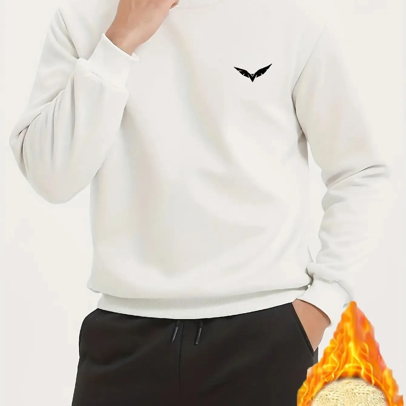 Sweat Homme en Polaire Épaisse à Col Rond – Motif Aile Blanche - Blanc