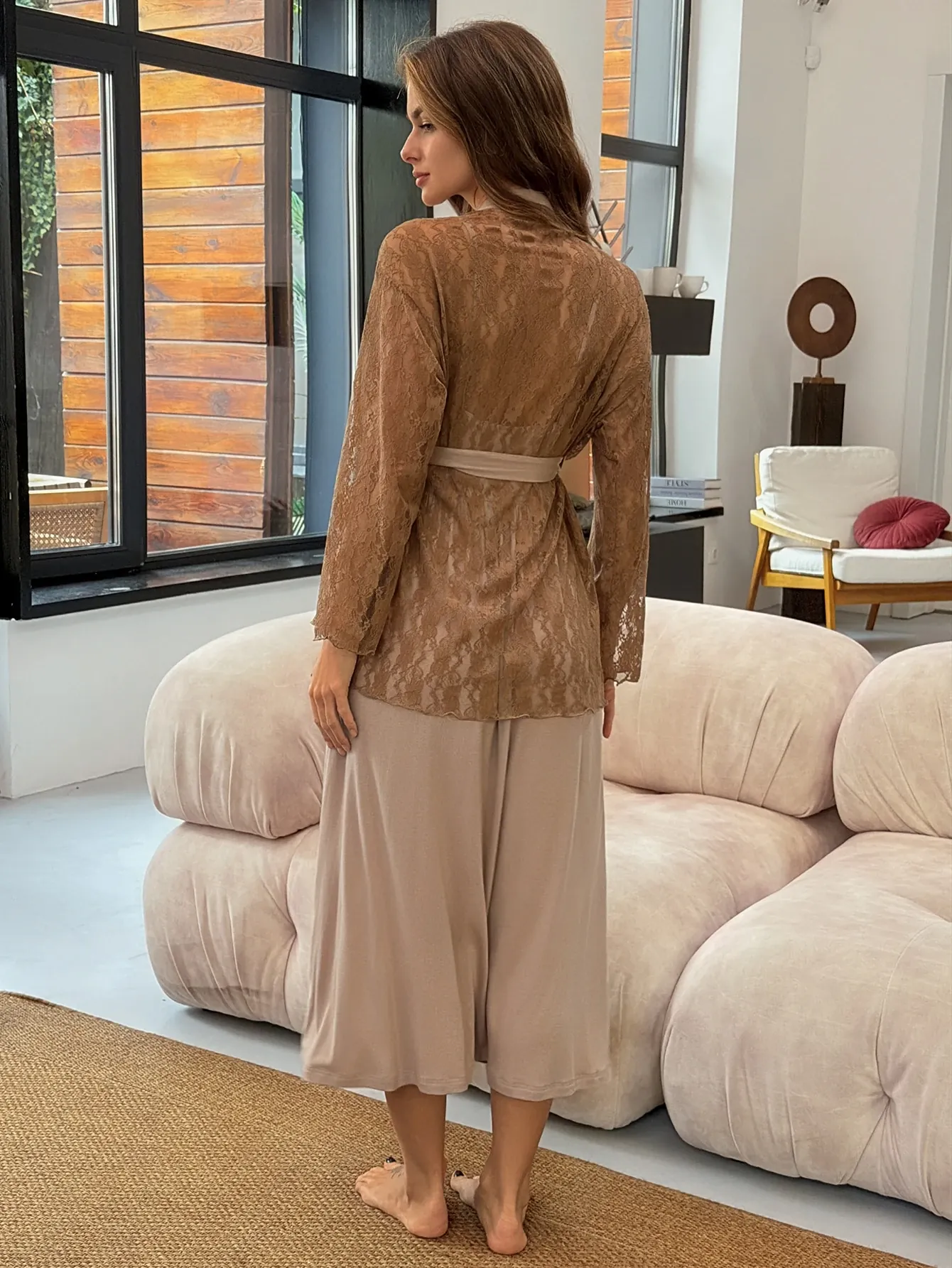Livesso Ensemble de pyjama décontracté pour femme avec robe caraco patchwork en dentelle et cardigan, tenue d'intérieur pour l'automne