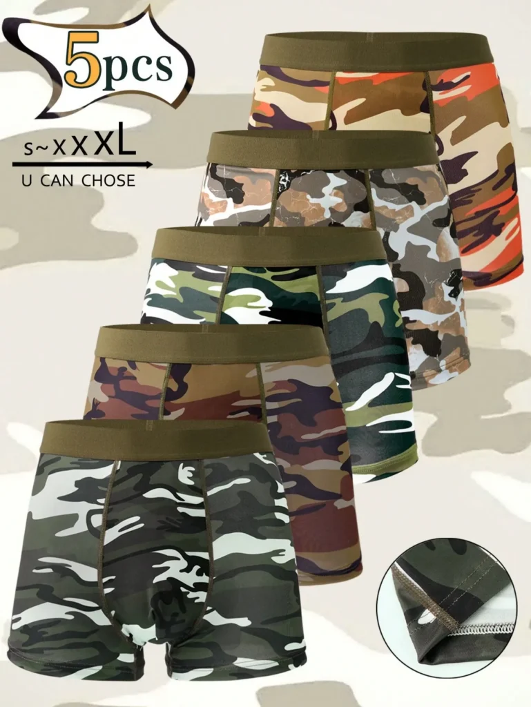 Lot de 5 boxers homme camouflage – Caleçons sport à ceinture brodée vert militaire - Multicolore