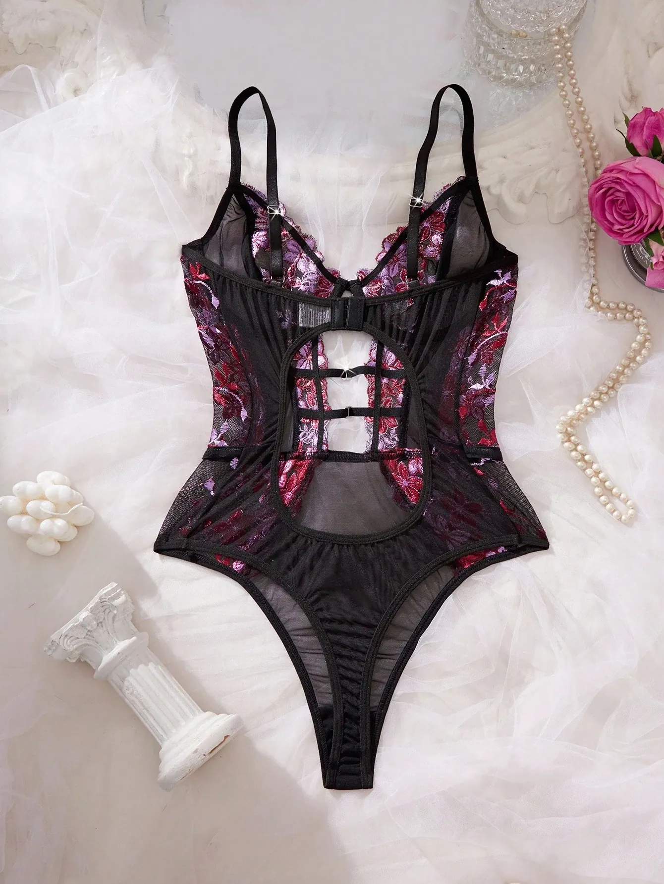 Seduluxe Body femme en maille transparente avec broderie florale – Lingerie élégante